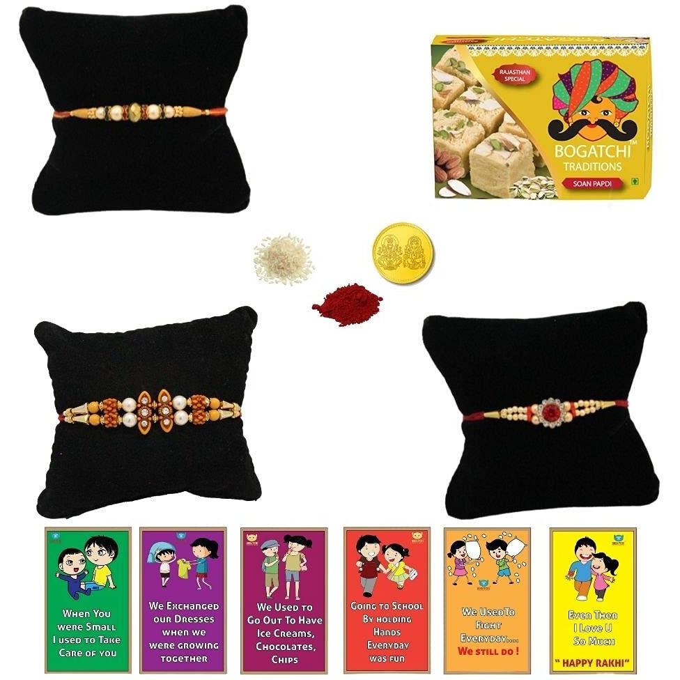 Bogatchi Rakhi With Sweets, Rakhi For Brother With Sweets, Rakhi With Sweets For Brother, Rakhi For Brother With Gift Sweets Soan Papdi,200G + Rakhi - 3 +Roli Chawal+ Rakhi Card +Gold Coin|Rksp-3-4