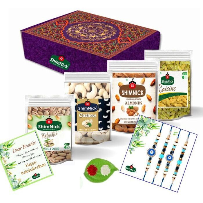 Shimnick Rakhi Gift Box With Almonds, Cashews, Pistachios, Kishmish | Designer Hand-Picked Evil-Eyerakhis | | Designer Gift For Brother/Sister | Roli- Chawal | Rakhi Card