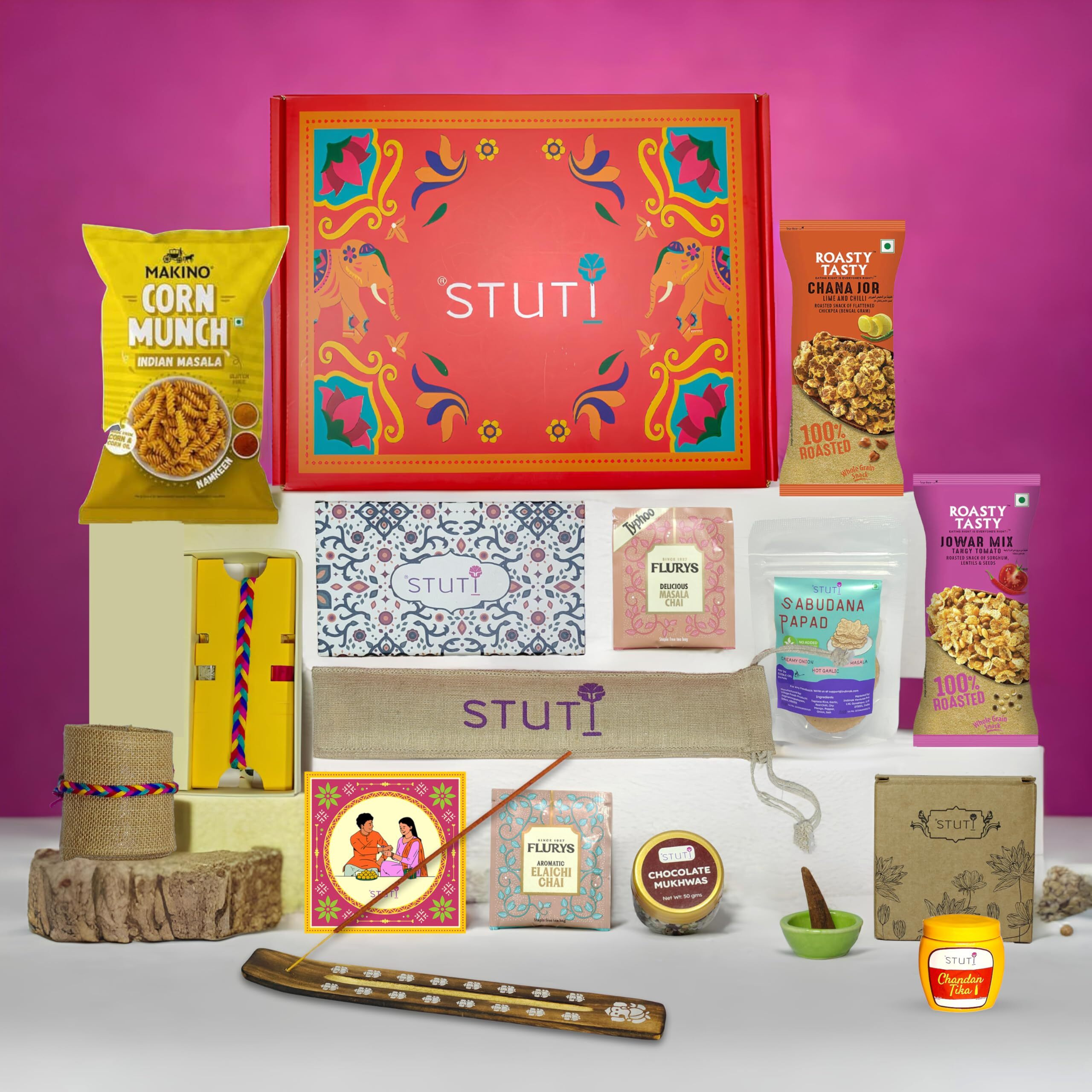 Stuti Rakhi Gift For Brother-13 Inclusions Combo Of Handmade Rakhi, Agarbatti, Dhoop Cone, Chocolate Mukhwas, Personalized Greeting Card -Roli & Chawal - Shagun Hamper | Rakhi Combo Gift Box