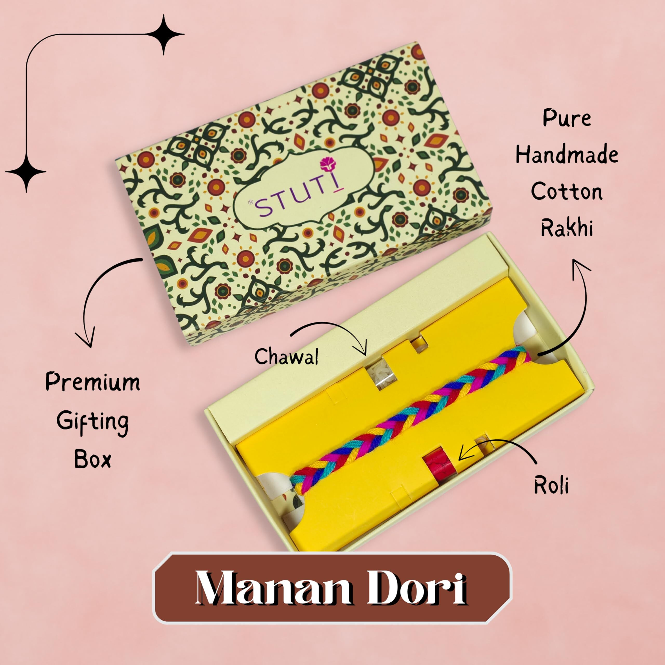 Stuti Rakhi Gift For Brother-13 Inclusions Combo Of Handmade Rakhi, Agarbatti, Dhoop Cone, Chocolate Mukhwas, Personalized Greeting Card -Roli & Chawal - Shagun Hamper | Rakhi Combo Gift Box