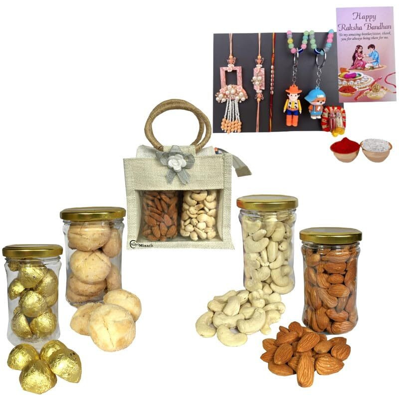 Nutri Miracle Rakhi Celebration Gift With Dry Fruits And Rakhi In Sustainable Jute Carry Bag For Sister-Bhai Raksha Bandhan