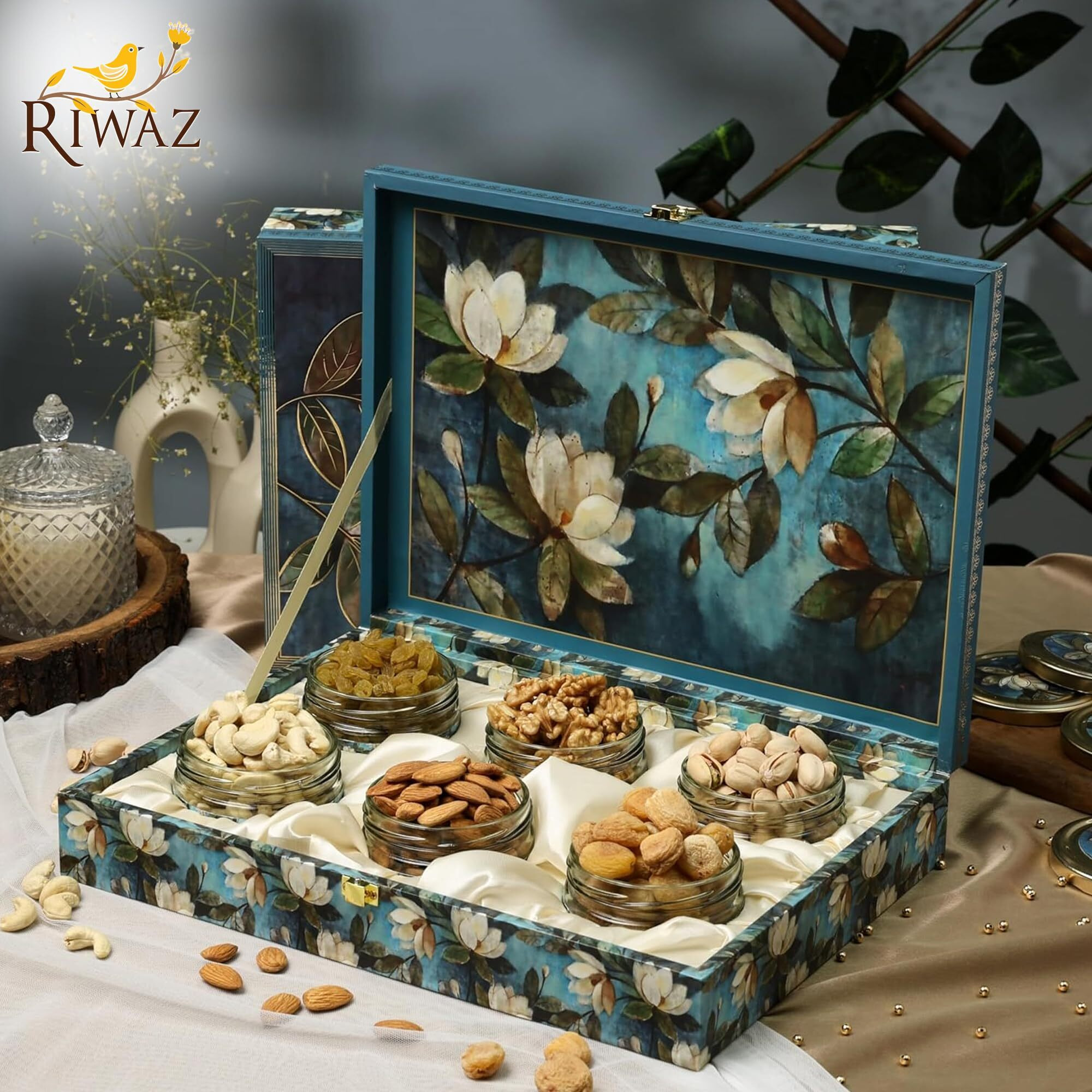 Riwaz Luxury Blue Flower Box Filled With Almonds, Cashew, Raisins, Khumani, Pistachio & Walnuts| Assorted Dryfruits Box |A Thoughtful Present For Corporates, Wedding & Festival Gifting