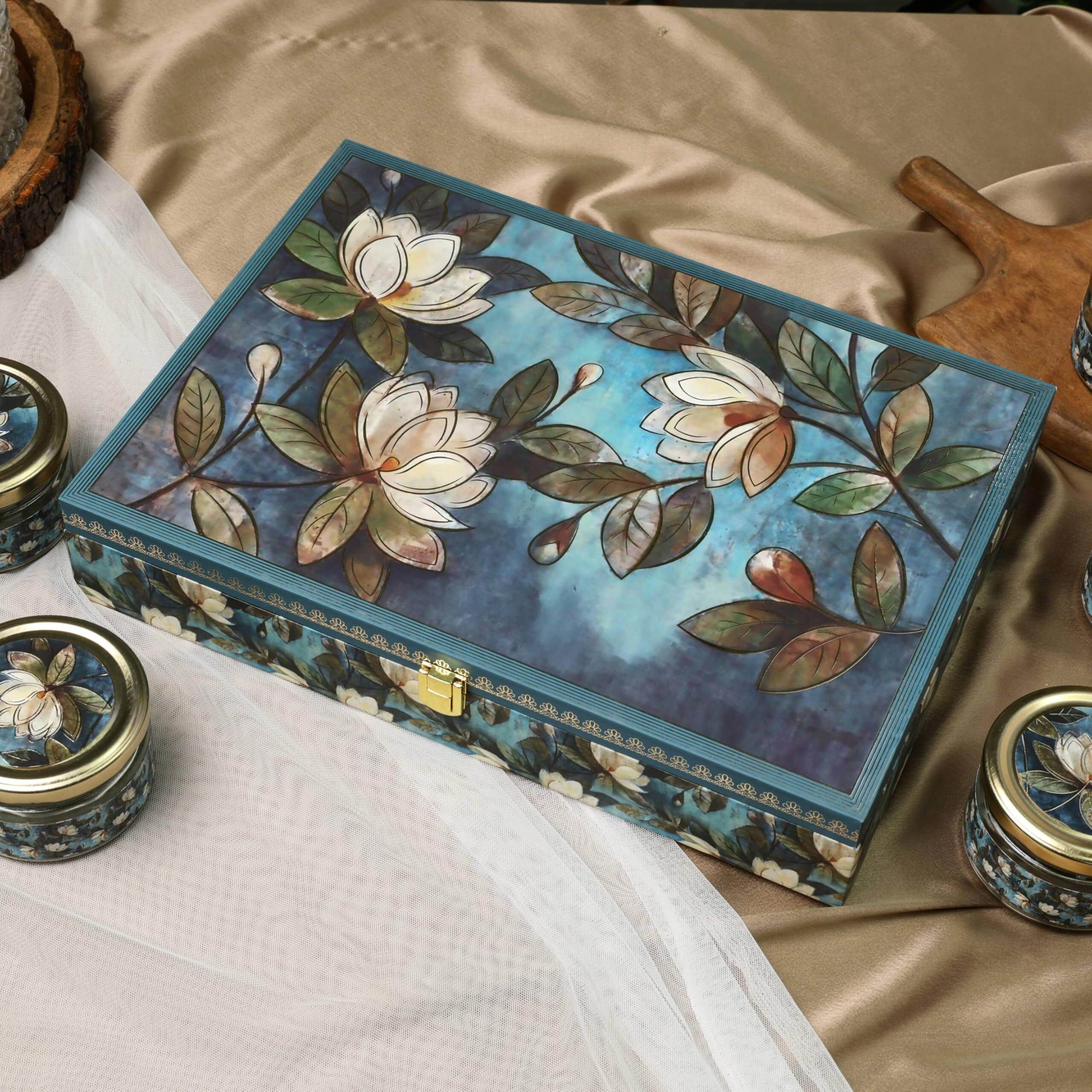 Riwaz Luxury Blue Flower Box Filled With Almonds, Cashew, Raisins, Khumani, Pistachio & Walnuts| Assorted Dryfruits Box |A Thoughtful Present For Corporates, Wedding & Festival Gifting