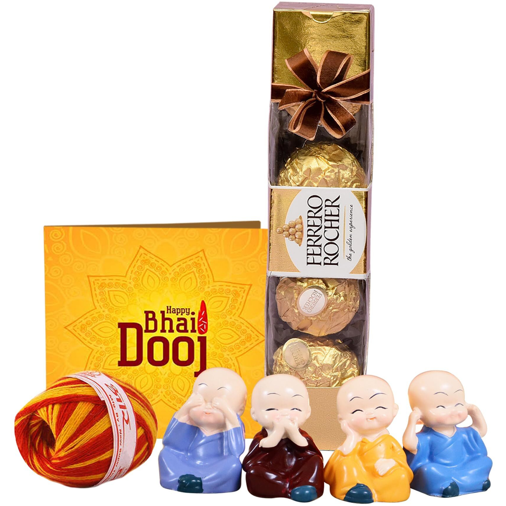 Tied Ribbons Bhai Dooj Gift Hamper For Brother With Ferrero Rocher Chocolates (4 Pcs) Box With Decorative Laughing Buddha Monk Idol Statue Greeting Card And Kalawa Moli Roli Chawal