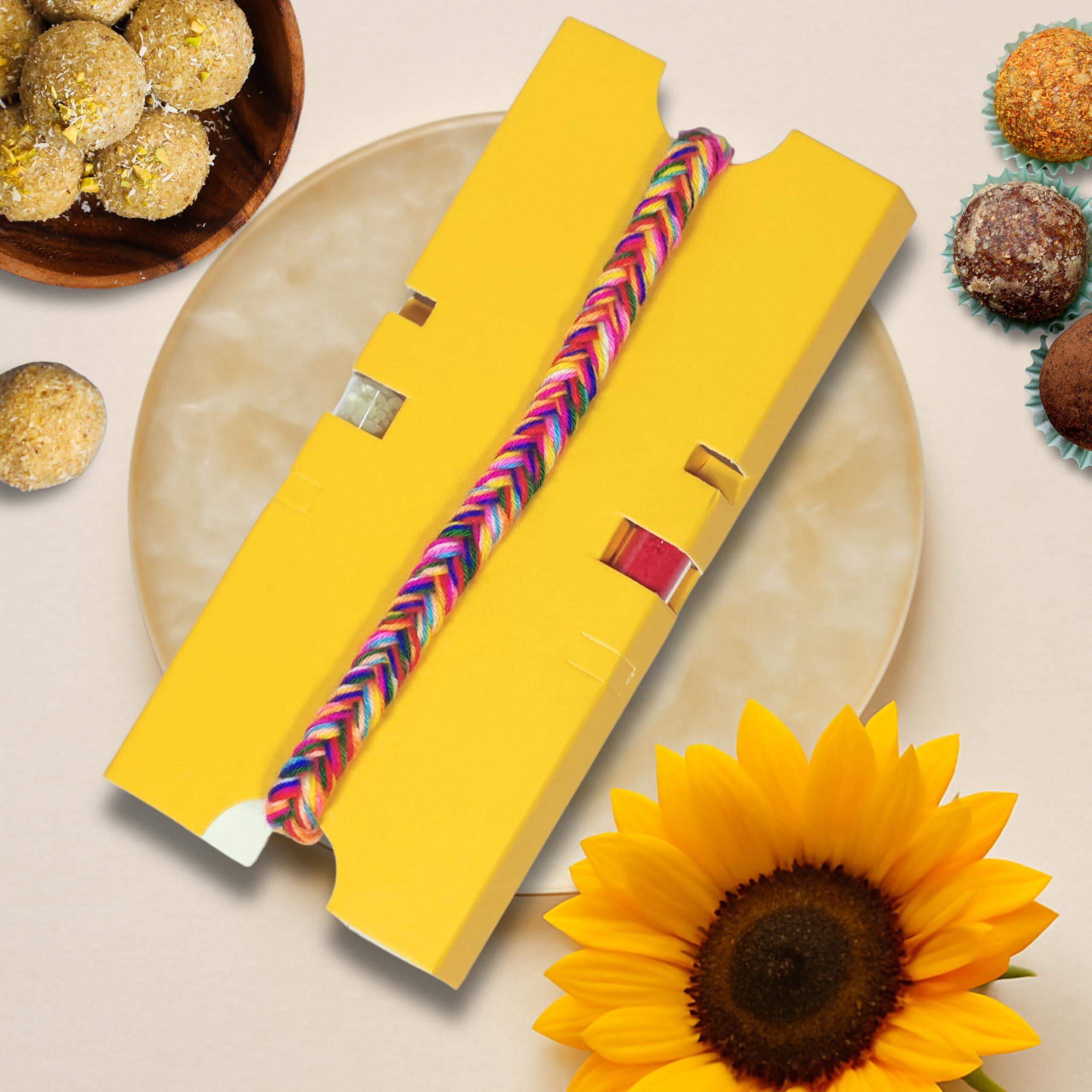 Stuti Yaadein Rakhi Gift For Brother-9 Inclusions Combo Of Handmade Cotton Dori, Sabudana Papad, Namkeen Snacks, Khakra, Chai And More With Complimentary Roli & Chawal | Rakhi Combo Gift Box