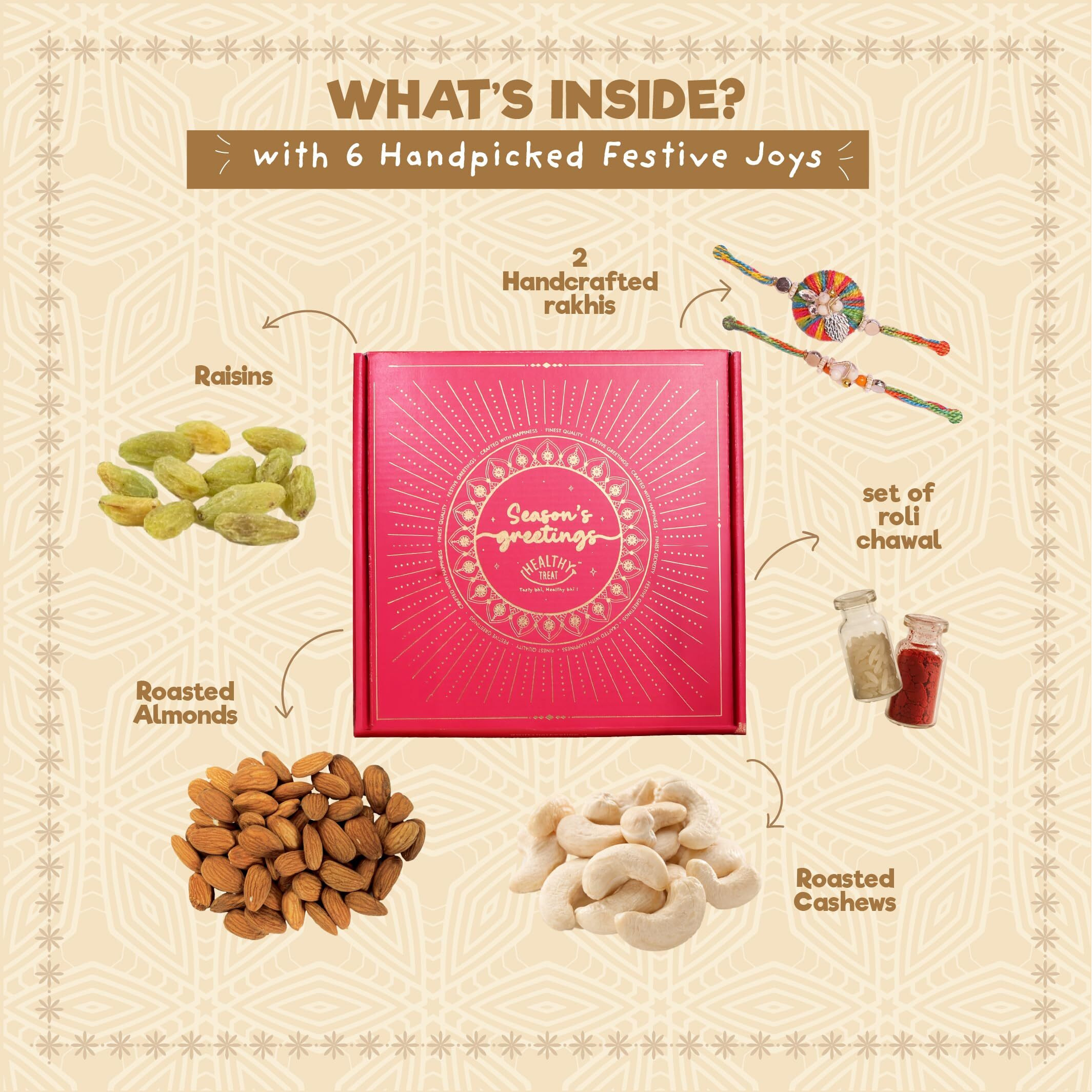 Healthy Treat Shagun Rakhi Gift Hamper | Dry Fruit Rakhi-Hamper | Cashew, Almond, Raisins, A Pair Of Rakhii, Roli Chawal | Rakhi's Gift For Brother And Sister | The Ultimate Assorted Raksha Bandhan Gift Hampers