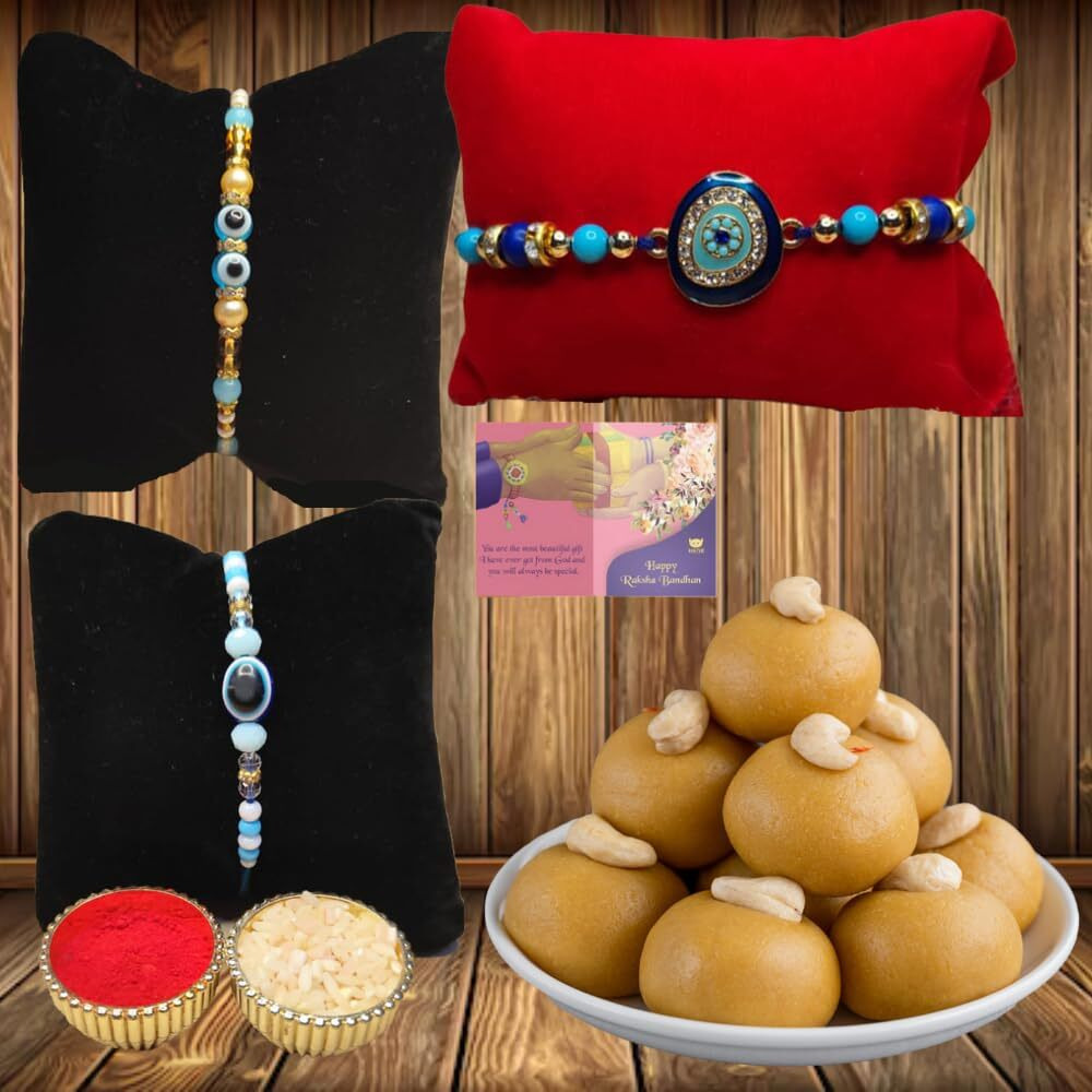Bogatchi Besan Ladoo, Rakhi For Brother Combo With Sweets, Elegantrakhi With Sweet Combo, 4 Pcs Besan Ladoo + Rakhi Set Of 3 +Roli Chawal+ Rakhi Card Rkh21D-115