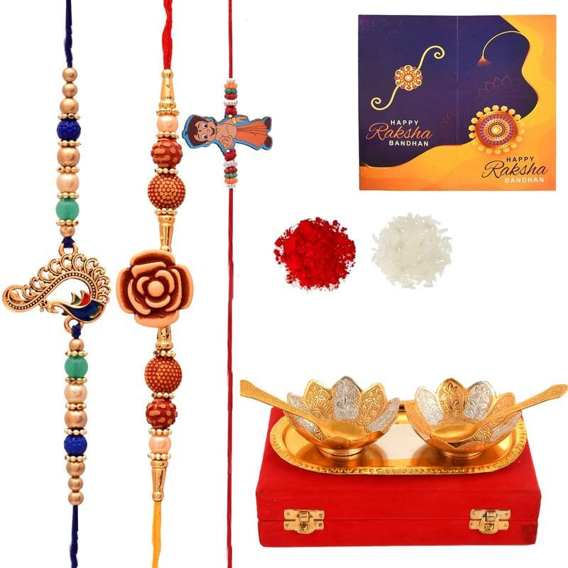 Yalambar Rakhi For Brother And Bhabhi With German Silver Bowl Set, Silver Gift Serving Sweets, Dry Fruits Nuts With Red Velvet Box (Rakh2023 Rakhi Set With Bowl Set) Free Rakhi Card-Rakh202321