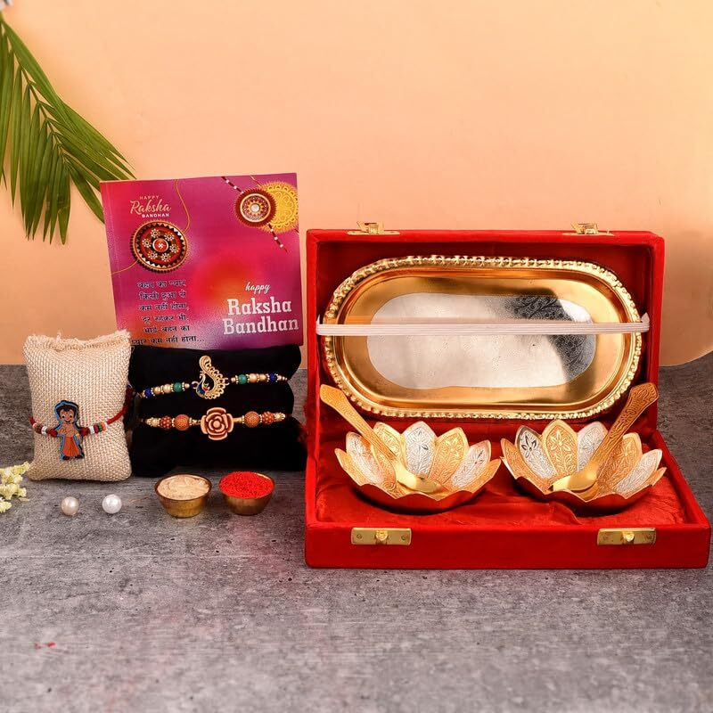 Yalambar Rakhi For Brother And Bhabhi With German Silver Bowl Set, Silver Gift Serving Sweets, Dry Fruits Nuts With Red Velvet Box (Rakh2023 Rakhi Set With Bowl Set) Free Rakhi Card-Rakh202321