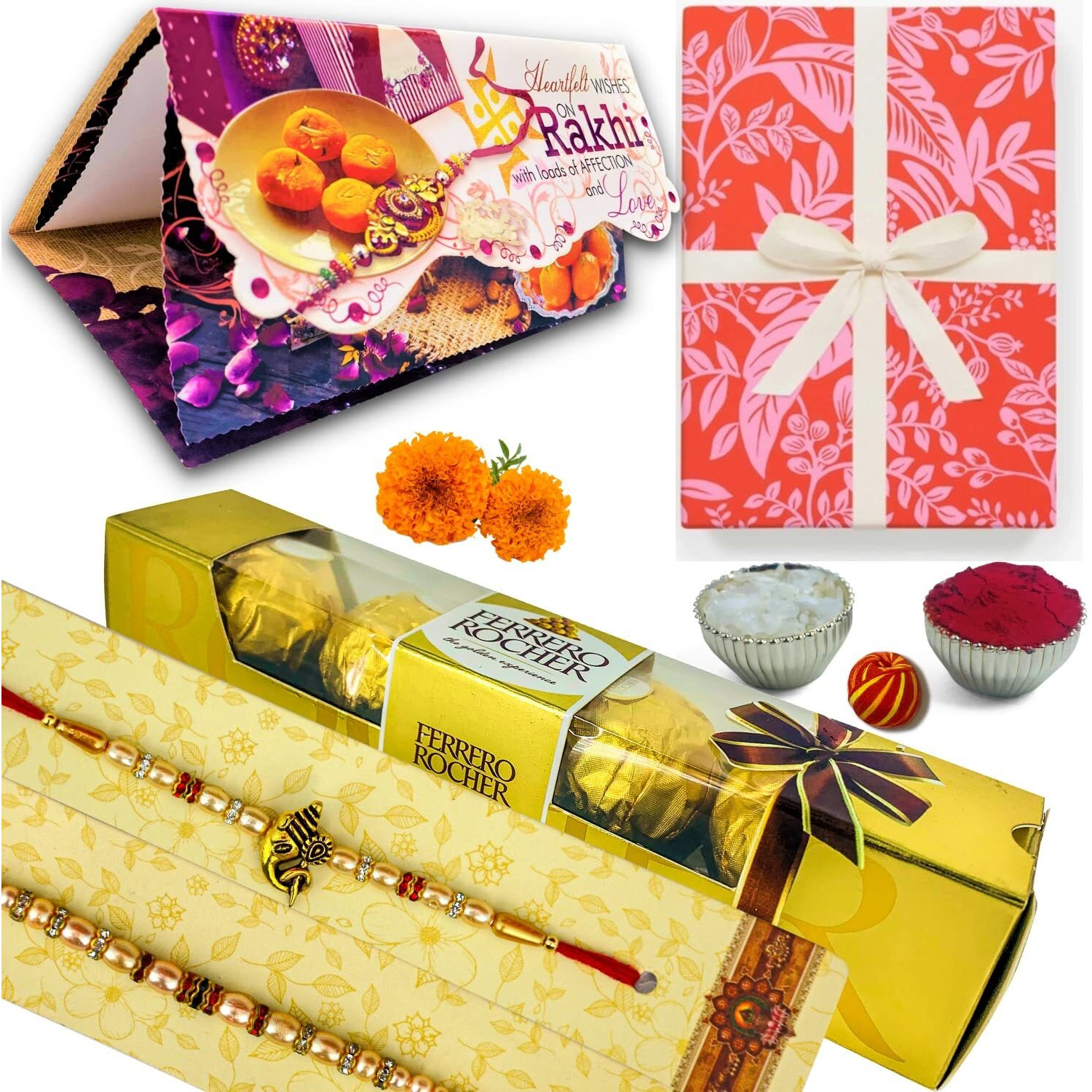 Almoda Creations Rakhi Gift With Ferrero Rocher Chocolate, 2 Panchdhatu Rakhi For Brother, Greeting Card, Roli Moli, Kalawa, Rakhi Gift Box, Personalized Rakhi Message