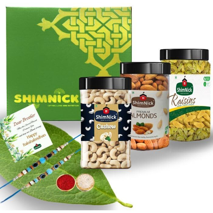 Shimnick Rakshabandhan Dryfruit Gift Box With Designer Hand-Picked Evil-Eyerakhis | Almonds, Cashews, Kishmish | Gift For Brother/Sister | Roli- Chawal (With 2 Rakhis)