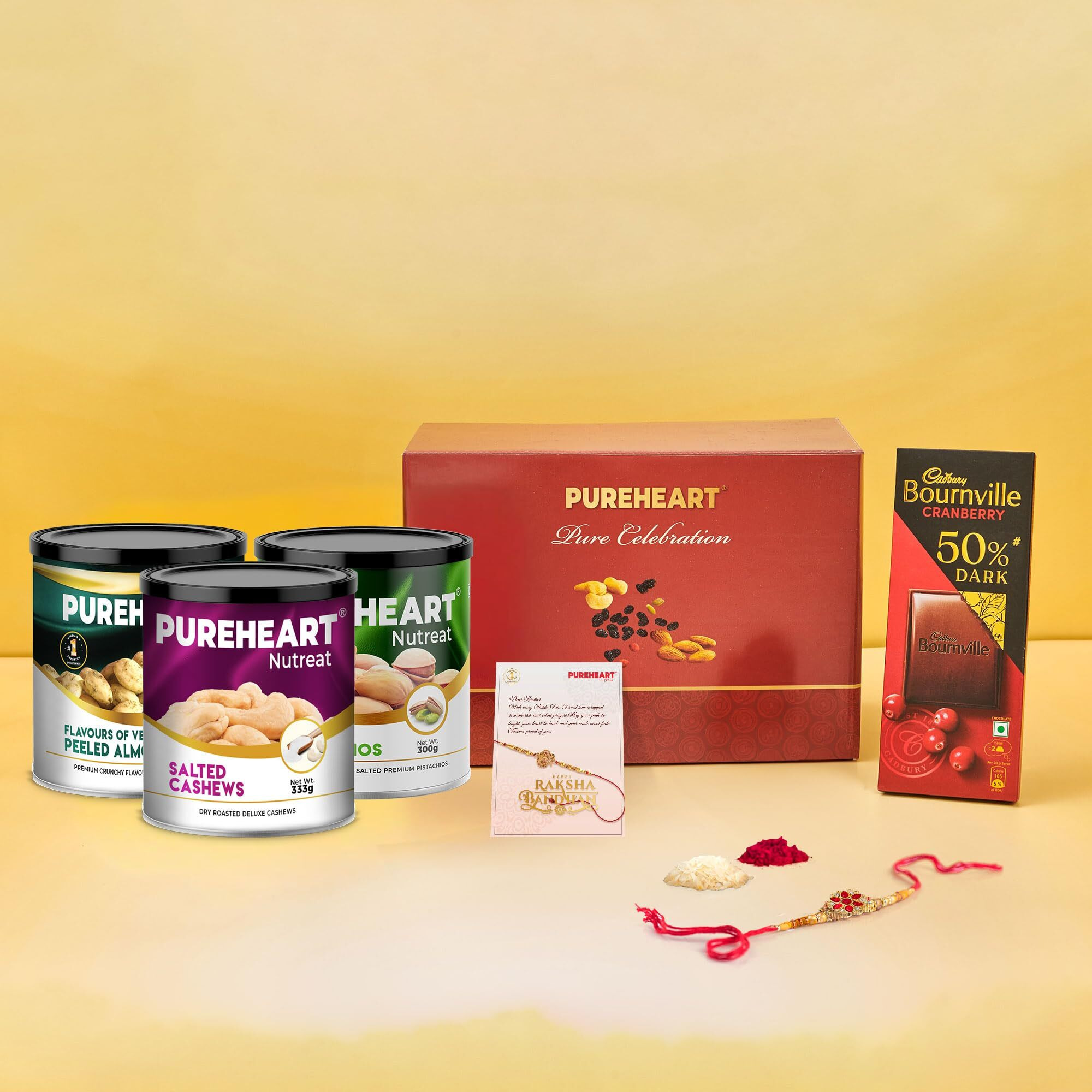 Pureheart Rakhi Gift Hamper Salted Cashews, Peeled Almonds Flavours Of Venice & Pistachio (333G, Each), Cadbury Bournville Dark Chocolate With Rakhi For Brother, Gift Card, Pooja Rice, Kumkum