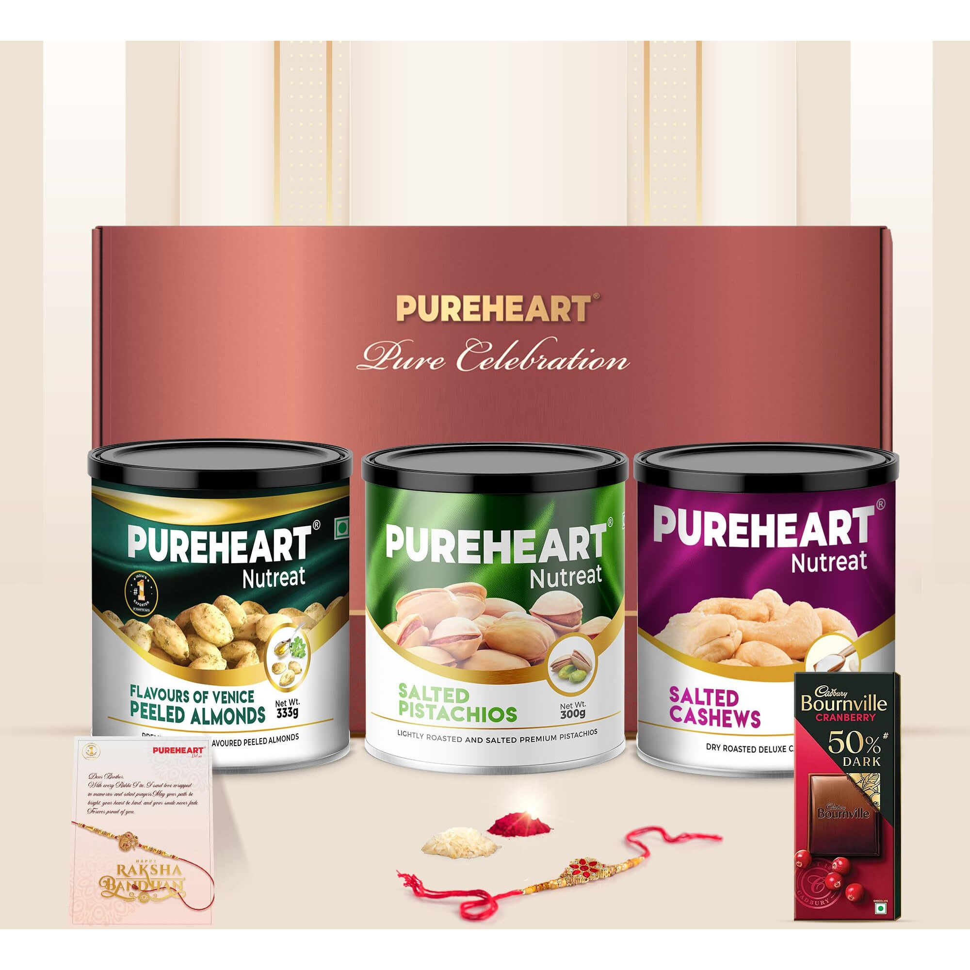 Pureheart Rakhi Gift Hamper Salted Cashews, Peeled Almonds Flavours Of Venice & Pistachio (333G, Each), Cadbury Bournville Dark Chocolate With Rakhi For Brother, Gift Card, Pooja Rice, Kumkum