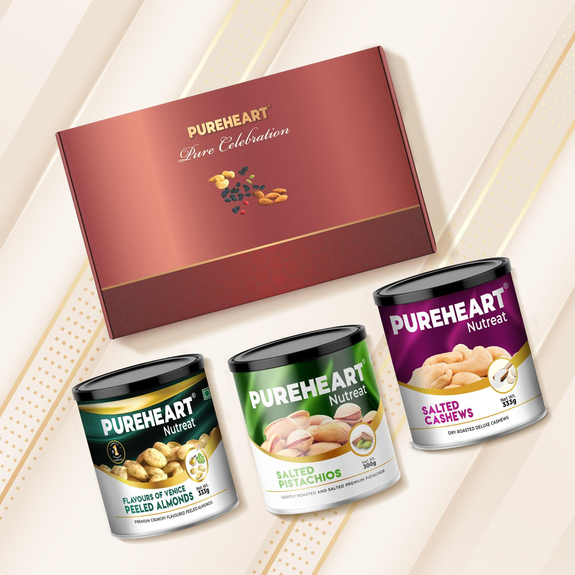 Pureheart Rakhi Gift Hamper Salted Cashews, Peeled Almonds Flavours Of Venice & Pistachio (333G, Each), Cadbury Bournville Dark Chocolate With Rakhi For Brother, Gift Card, Pooja Rice, Kumkum