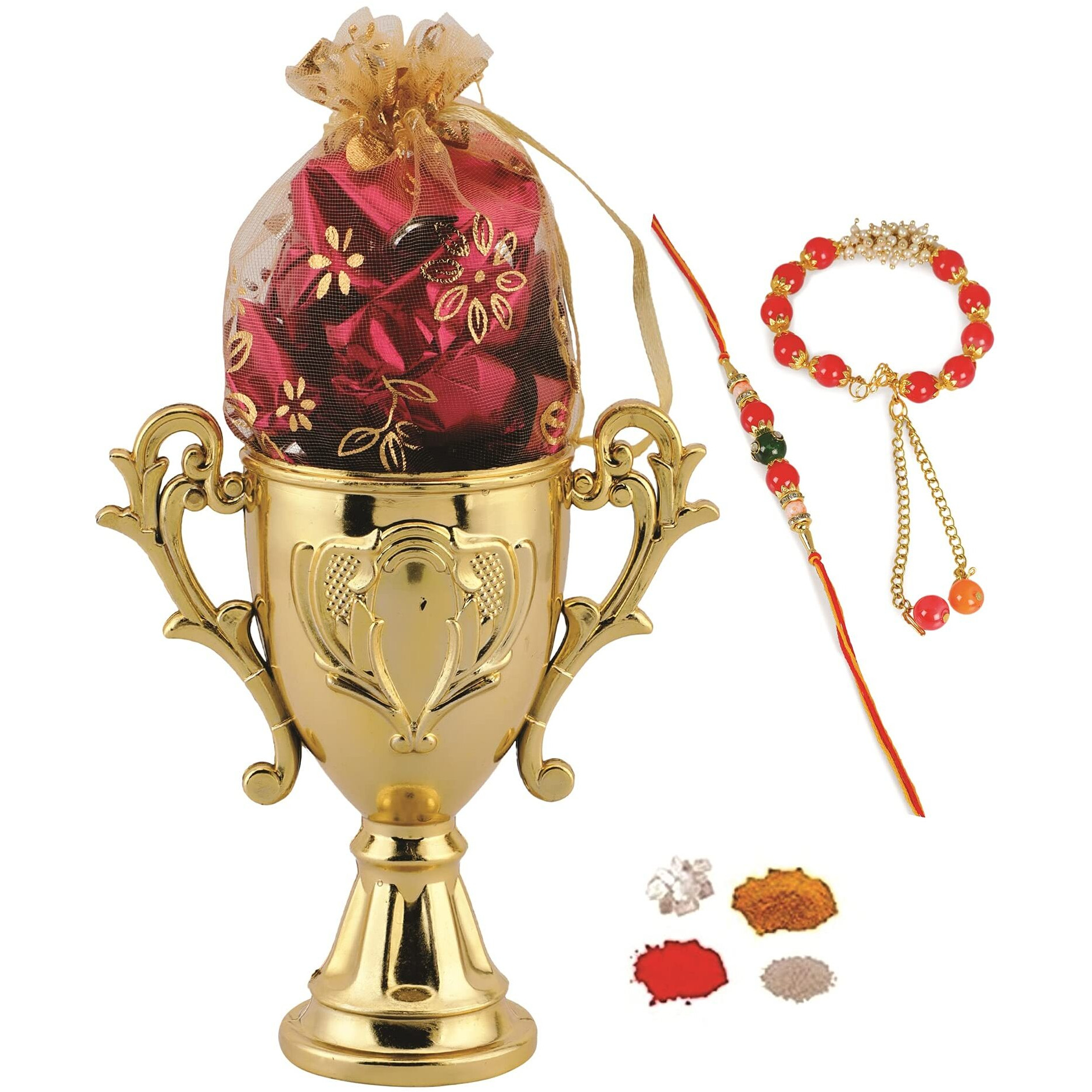 Skylofts 8Pcs Assorted Chocolates Champion Trophy Decoration Piece With Rakhi Lumba Teeka Rakhi Gift For Bhai Bhabhi