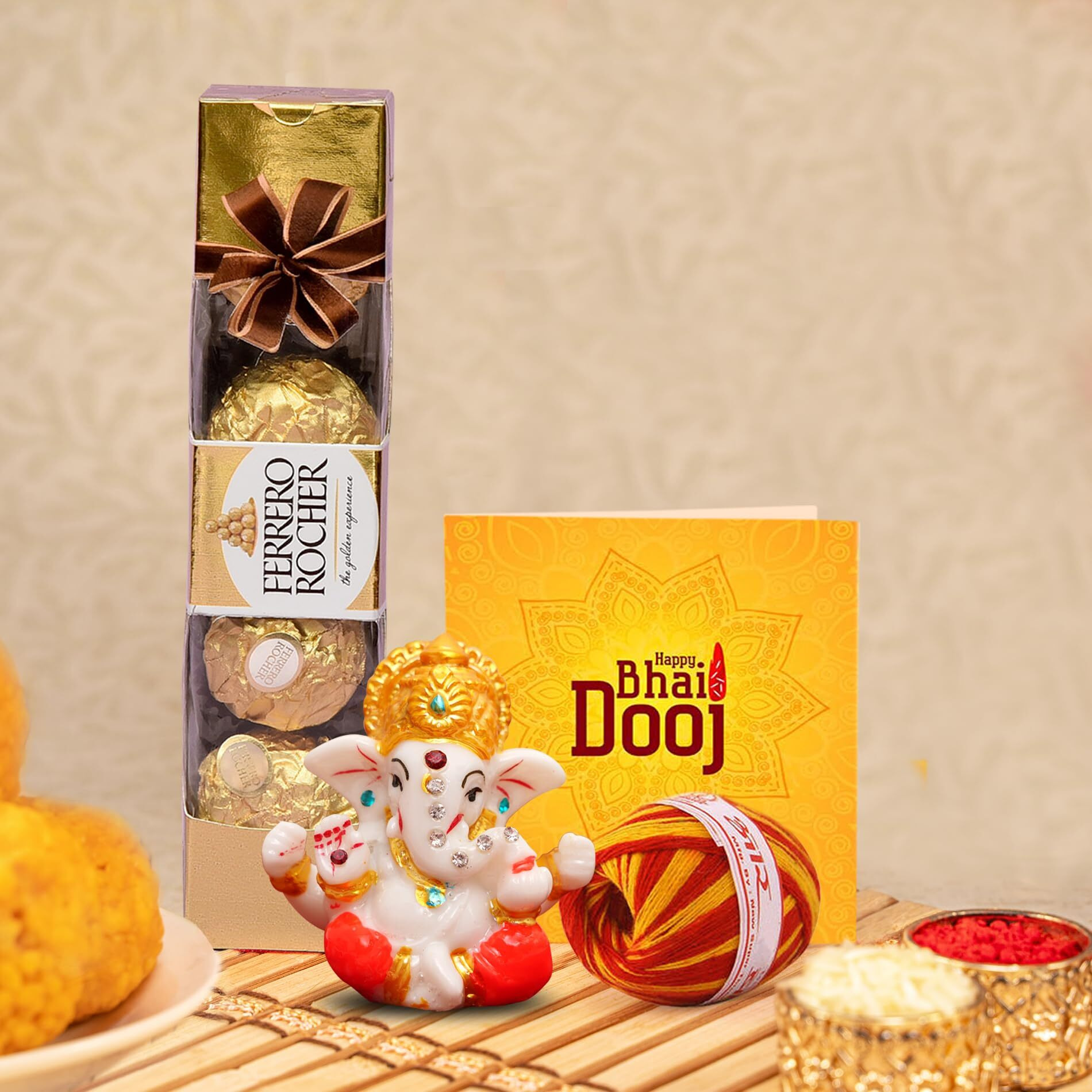 Tied Ribbons Bhai Dooj Gift Set For Brother Boys Kids Men With Chocolates - Ferrero Rocher Chocolate (4 Pcs) Box Mini Ganesha Idol Statue With Greeting Card And Kalawa Moli Roli Chawal Hamper