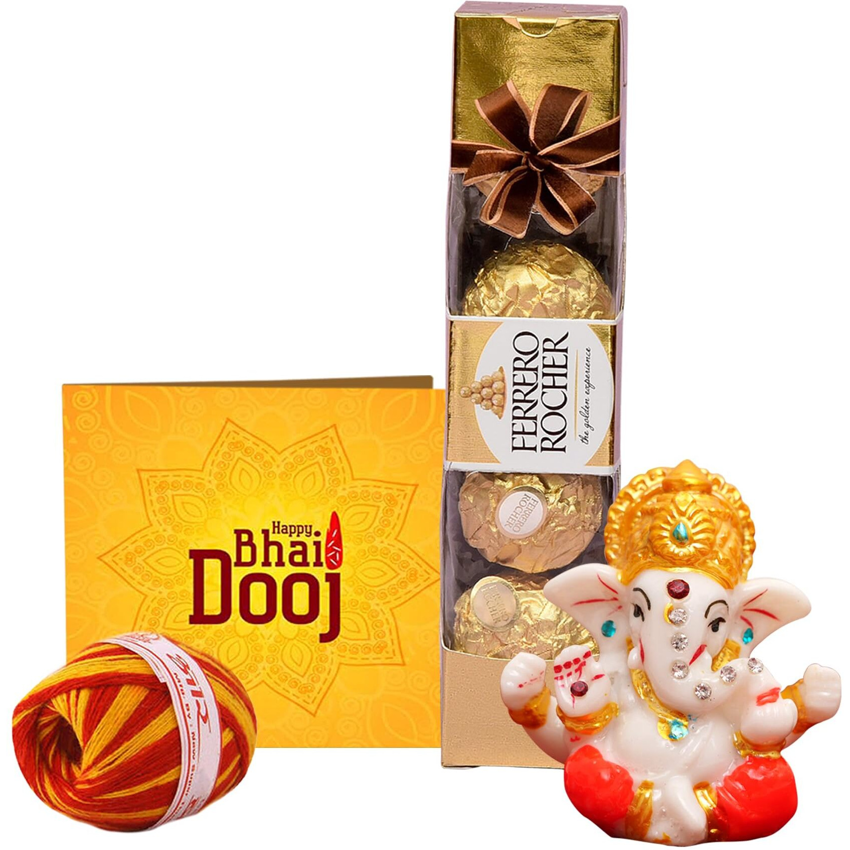 Tied Ribbons Bhai Dooj Gift Set For Brother Boys Kids Men With Chocolates - Ferrero Rocher Chocolate (4 Pcs) Box Mini Ganesha Idol Statue With Greeting Card And Kalawa Moli Roli Chawal Hamper
