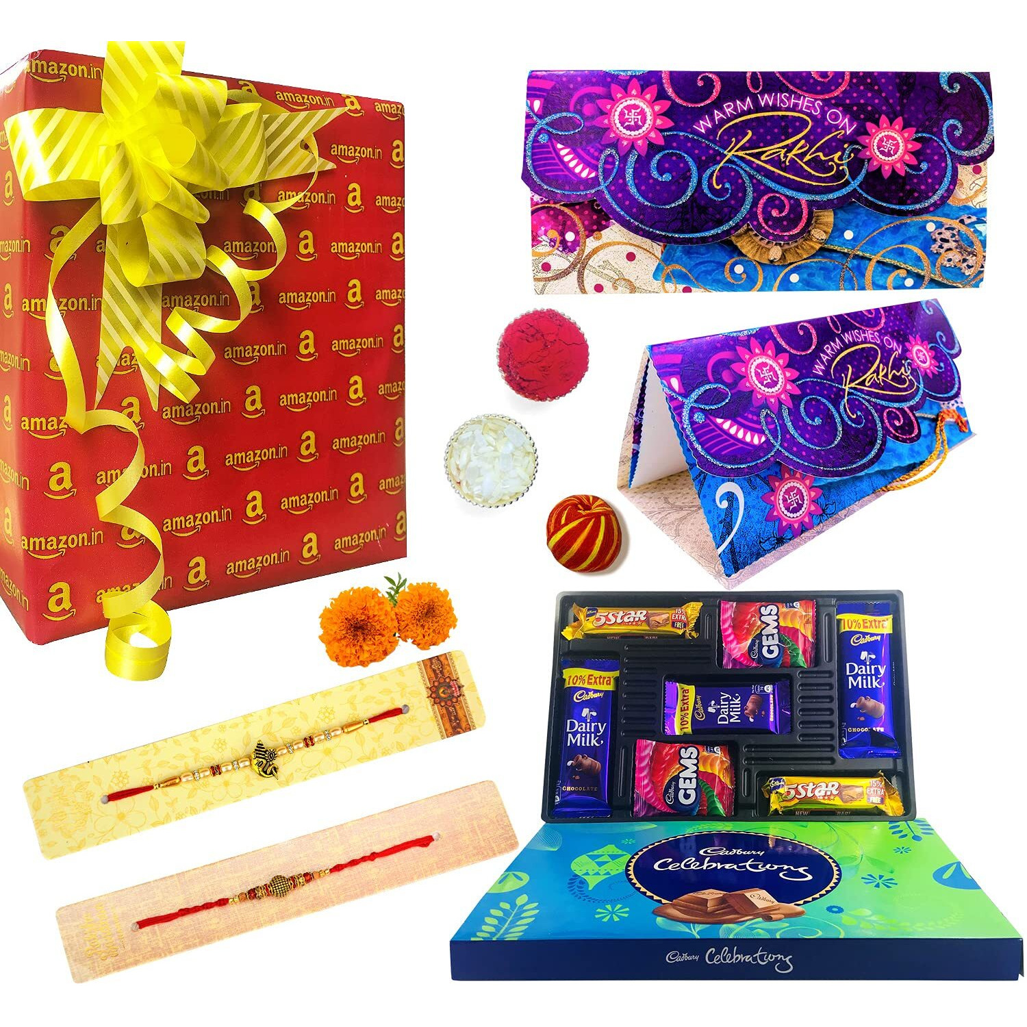 Rakhi Combo (2 Rakhi, Rakhi Greeting Card, Cadbury Celebrations Festive Chocolate Gift Box, Tilak Pouch & Kalawa Roll, Rakhi Gift Pack, Custom Rakhi Message) Order Rakhi Online On Amazon