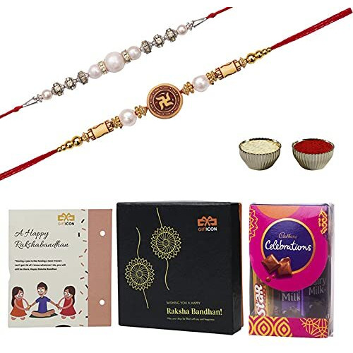 Gifticon Set Of 2 Rakhi With Chocolate Under 250 Celebrations (50) 1 Rakhi Greeting Card And Roli Chawal Gift Hamper-Ib16