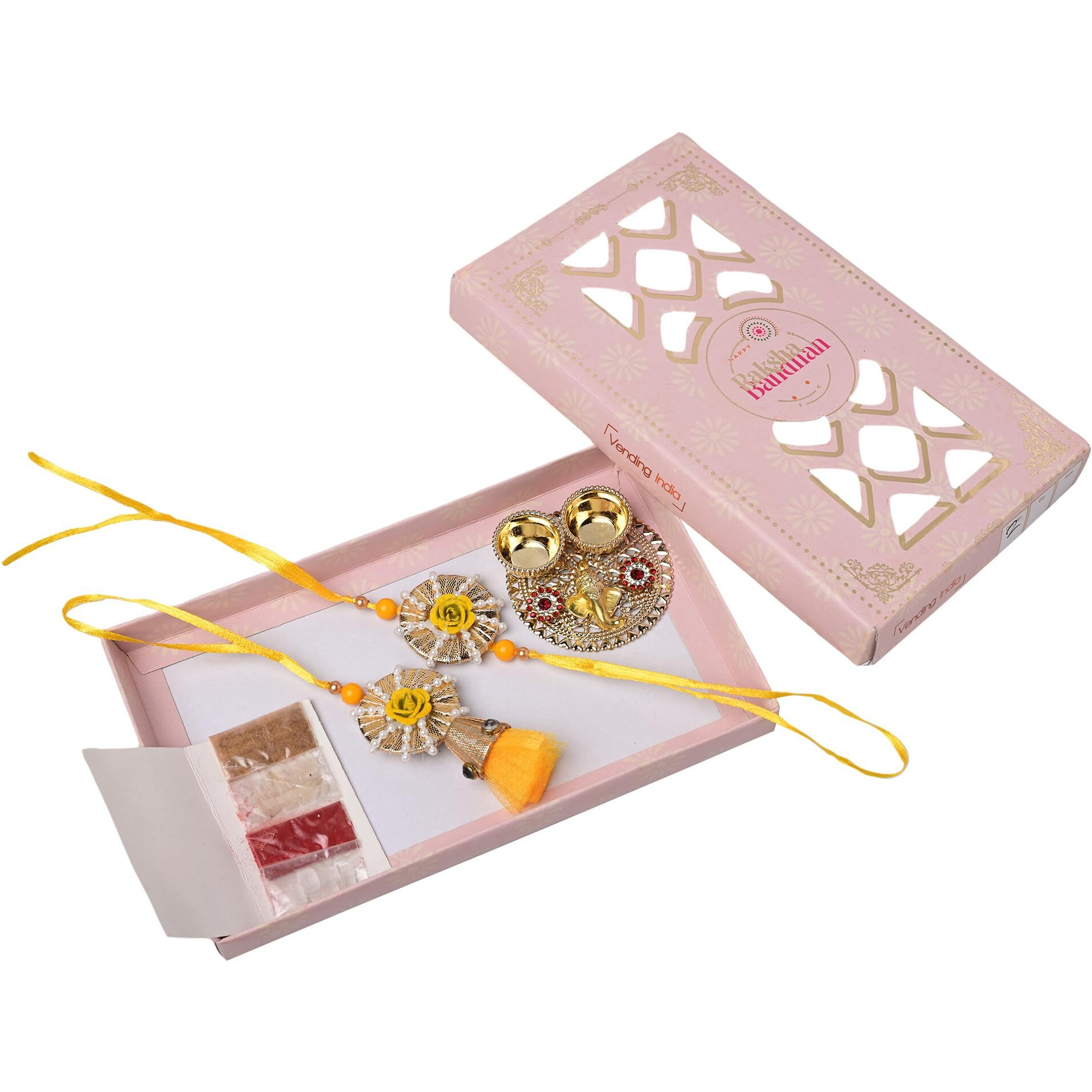 Vending India Gota Patti Bhaiya Bhabhi Pair Rakhi In A Gift Box With Roli - Combo With Roli, Chandan In A Rakshabandhan Card (Yellow)