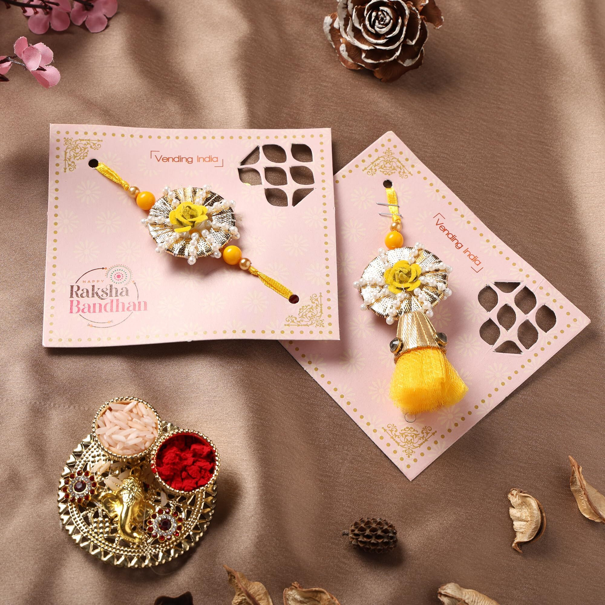 Vending India Gota Patti Bhaiya Bhabhi Pair Rakhi In A Gift Box With Roli - Combo With Roli, Chandan In A Rakshabandhan Card (Yellow)