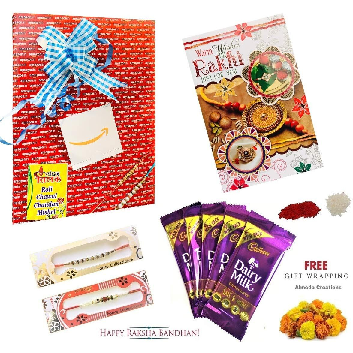Almoda Creations Cadbury Rakhi Celebration (2 Rakhi, Rakhi Greeting Card, 5 Cadbury Chocolates, Tilak Pouch & Kalawa Roll, Rakhi Gift Wrapping, Custom Rakhi Message)