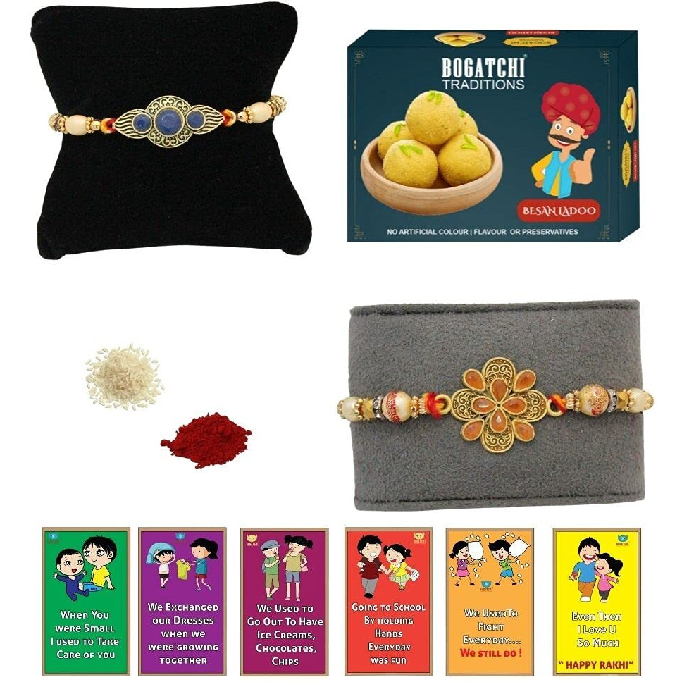Bogatchi Rakhi For Brother With Sweets, Rakhi For Brother Combo With Sweets, Rakhi With Sweet Combo, Sweets For Rakhi, Rakhi Sweets -Besan Ladoo + Rakhi Set Of 2 +Roli Chawal+ Rakhi Card |Rkh21D-75