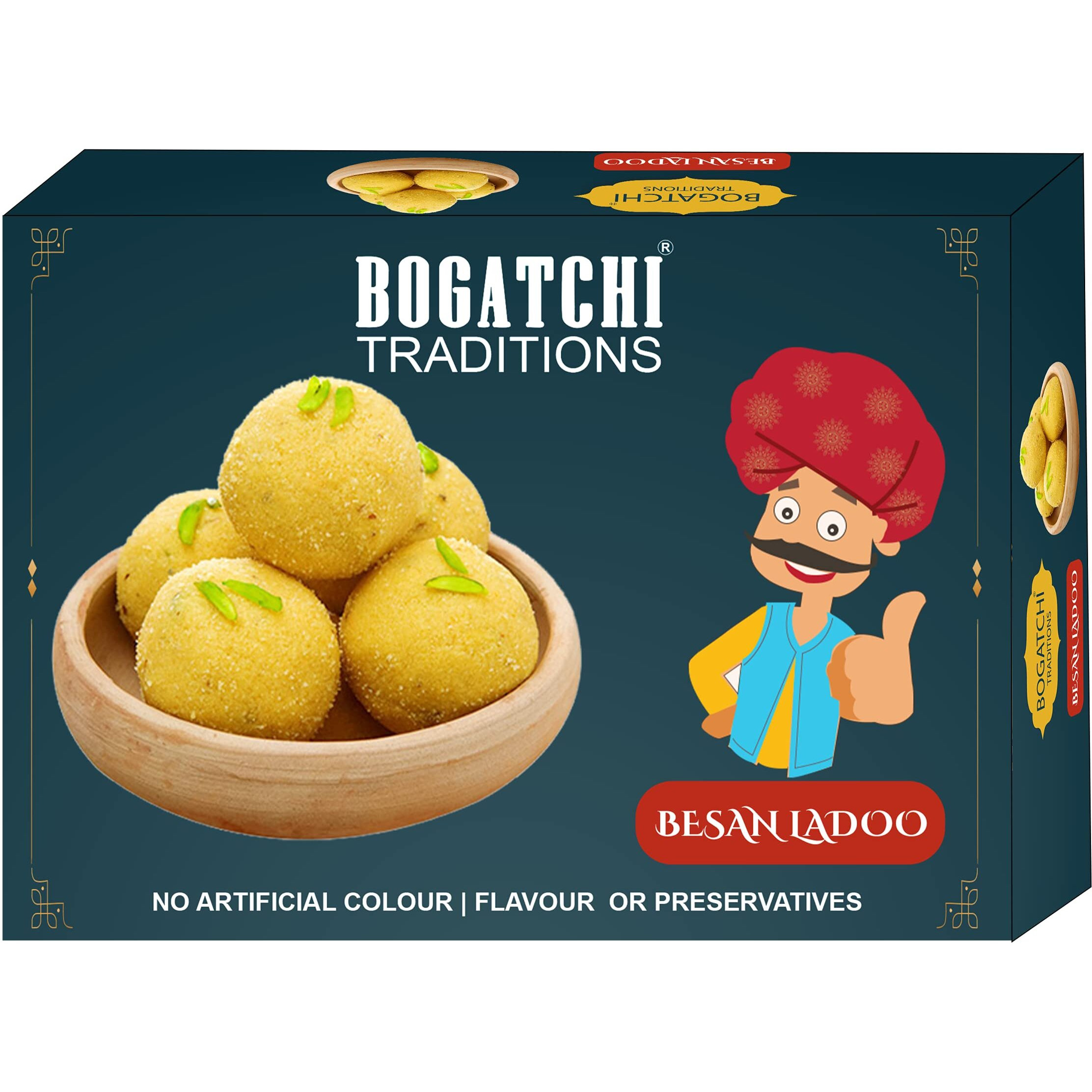 Bogatchi Rakhi For Brother With Sweets, Rakhi For Brother Combo With Sweets, Rakhi With Sweet Combo, Sweets For Rakhi, Rakhi Sweets -Besan Ladoo + Rakhi Set Of 2 +Roli Chawal+ Rakhi Card |Rkh21D-75