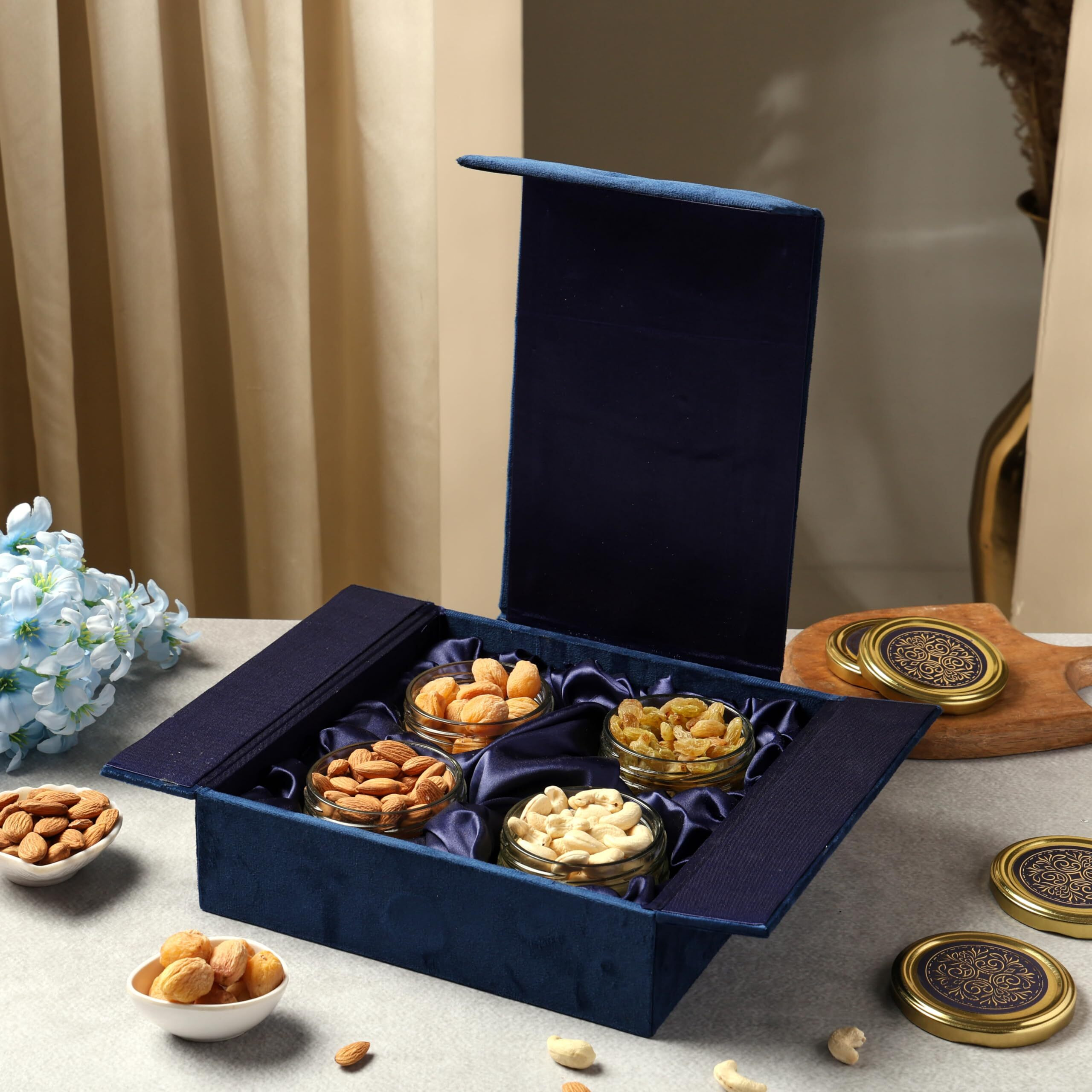 Riwaz Premium Assorted Nuts Hamper |Blue Suede With White Gems Elegant Designer Box With Almonds, Cashews, Raisins And Khumani - Dry Fruits Gift Box | Ideal For Diwali, Rakhi, Eid, Corporate Gifting Father's Day (Dry Fruits 200G Per Containes )