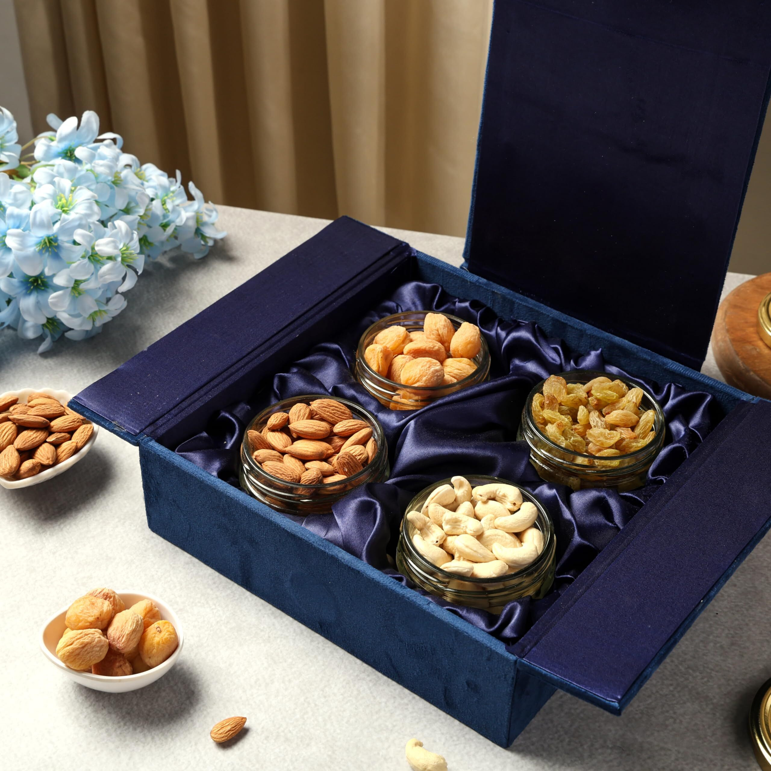 Riwaz Premium Assorted Nuts Hamper |Blue Suede With White Gems Elegant Designer Box With Almonds, Cashews, Raisins And Khumani - Dry Fruits Gift Box | Ideal For Diwali, Rakhi, Eid, Corporate Gifting Father's Day (Dry Fruits 200G Per Containes )