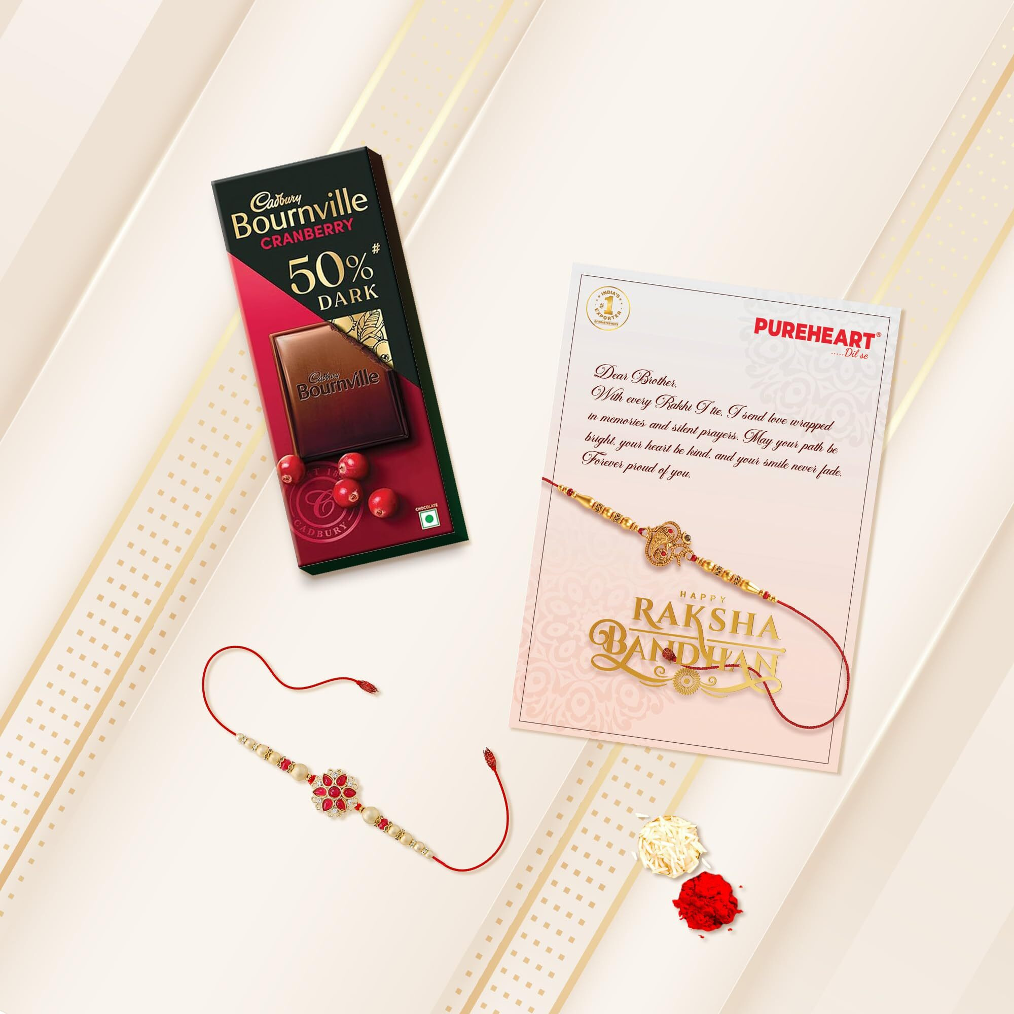Pureheart Rakhi Gift Hamper Peeled Almonds Flavors Of Venice, Pepperfry Cashews (80G, Each), Cadbury Bournville Dark Chocolate With Rakhi For Brother, Gift Card, Pooja Rice, Kumkum