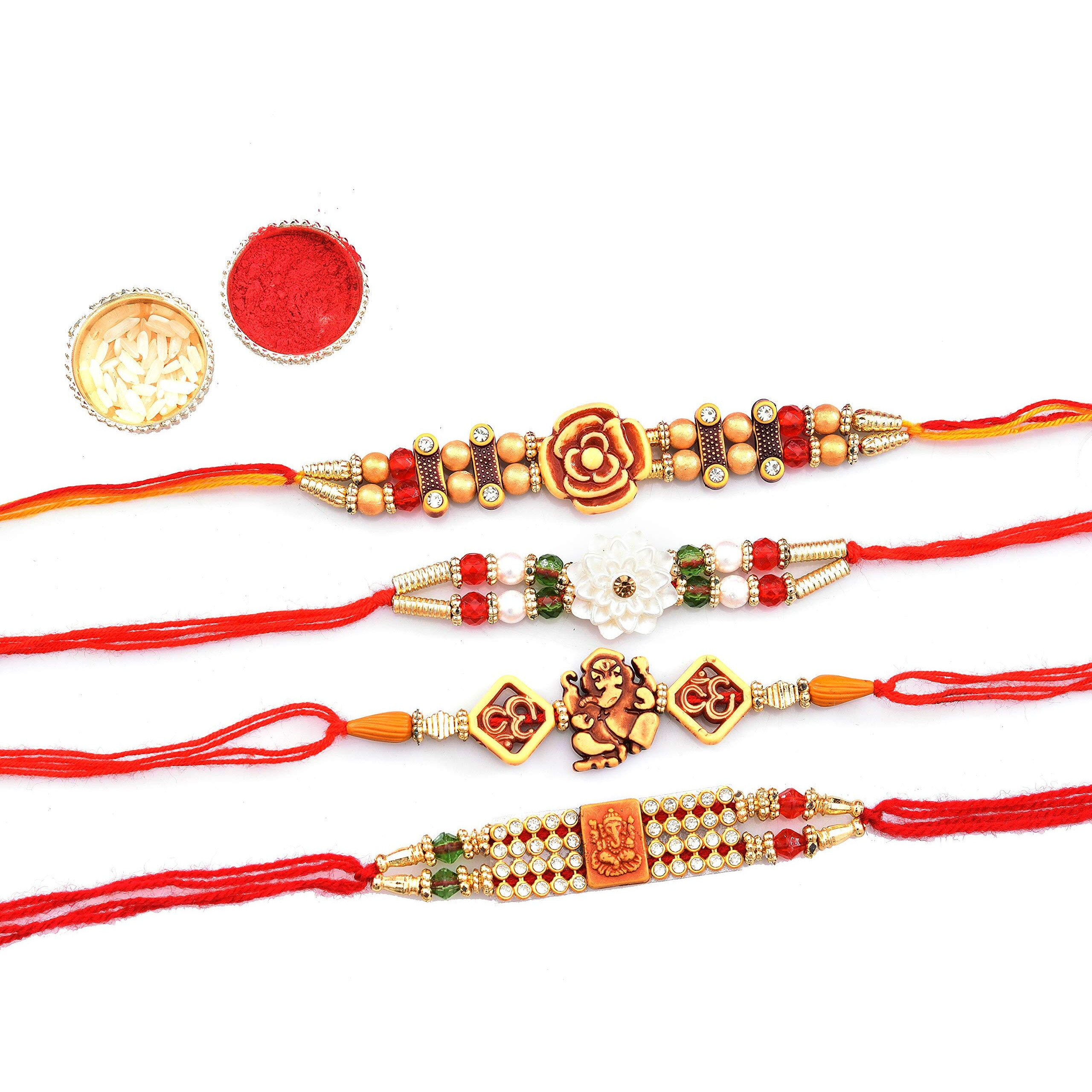 Vending India Tradiitional Rakhi [Pack Of 4] Combo With Roli, Chawal, Chandan & Mishri In A Rakshabandhan Card