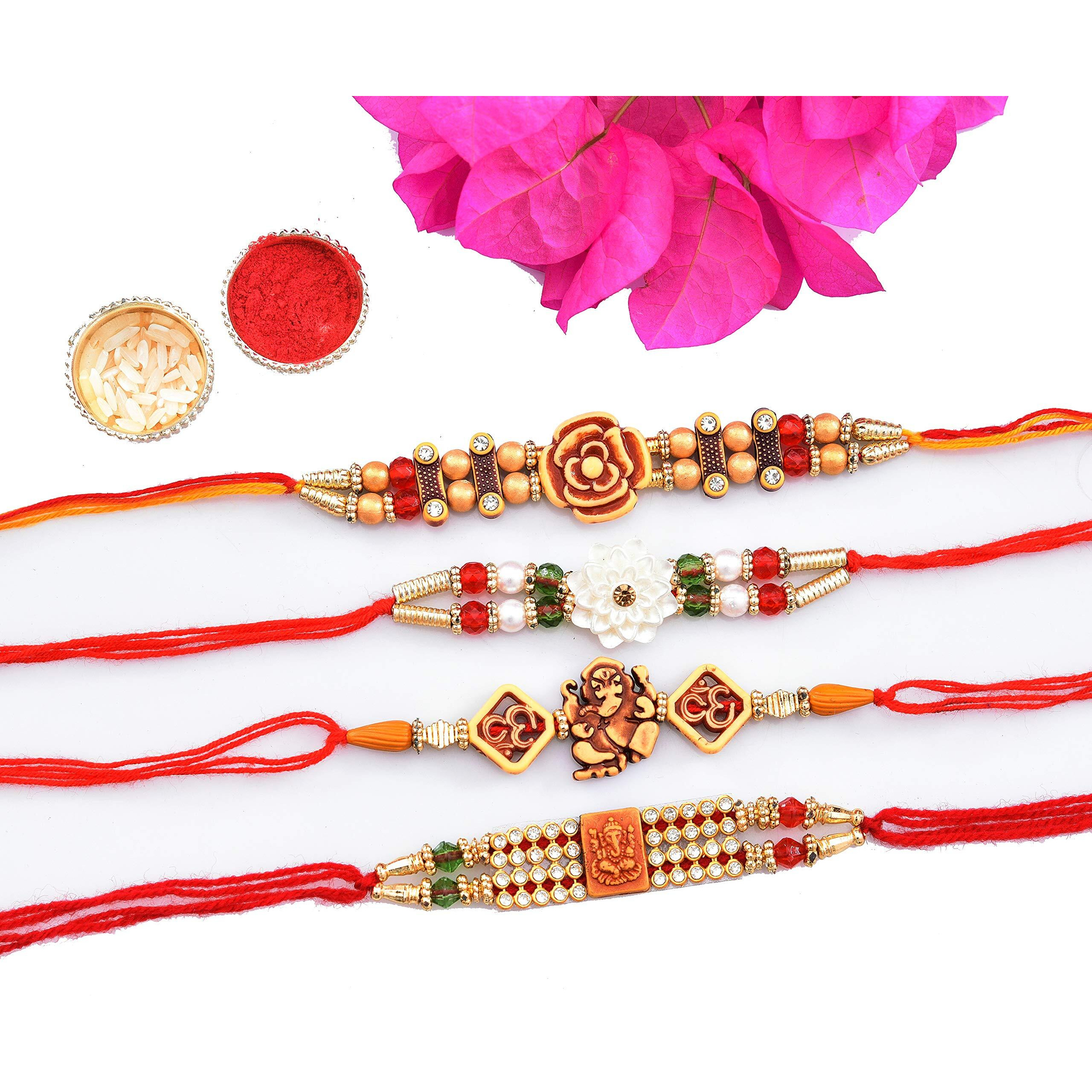 Vending India Tradiitional Rakhi [Pack Of 4] Combo With Roli, Chawal, Chandan & Mishri In A Rakshabandhan Card