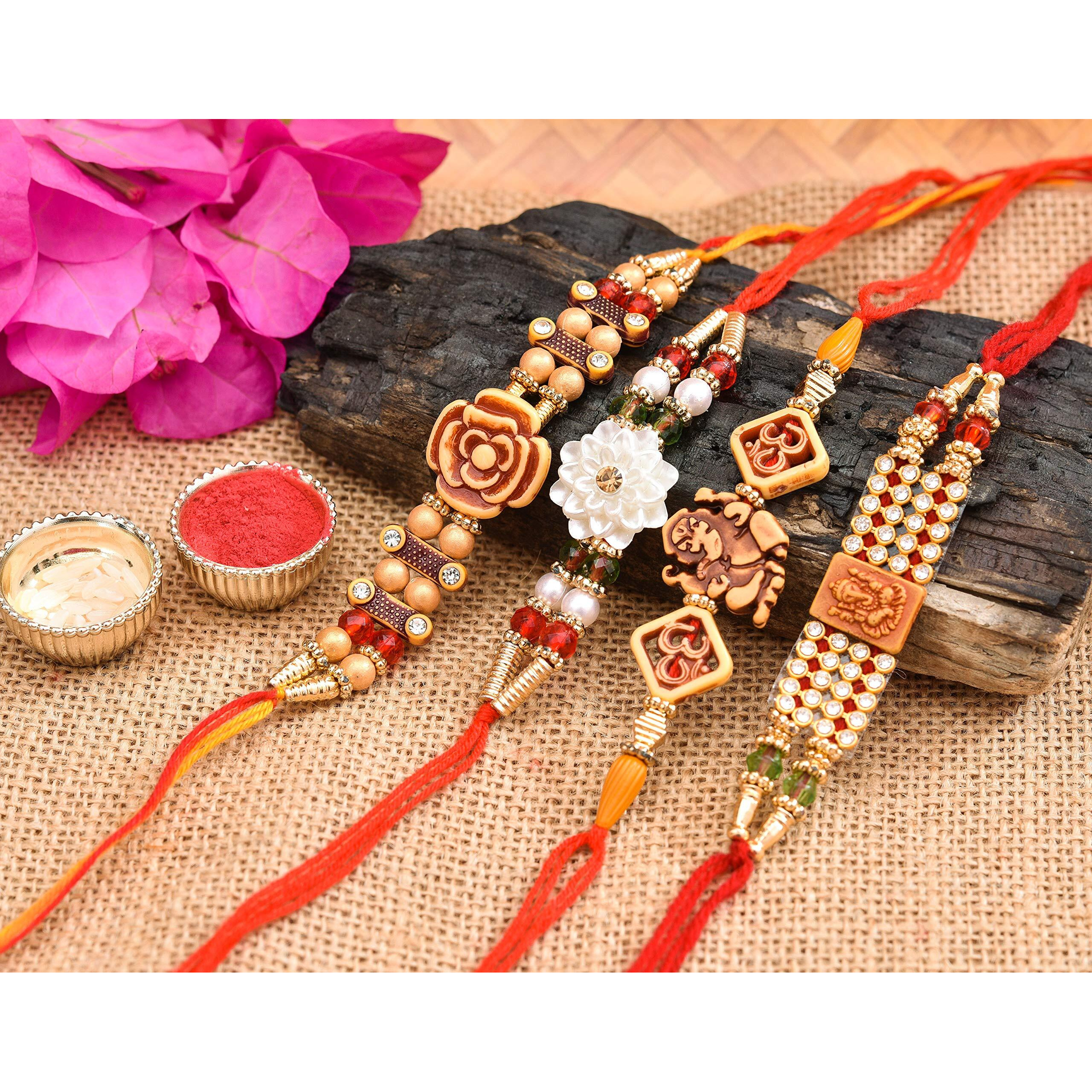 Vending India Tradiitional Rakhi [Pack Of 4] Combo With Roli, Chawal, Chandan & Mishri In A Rakshabandhan Card