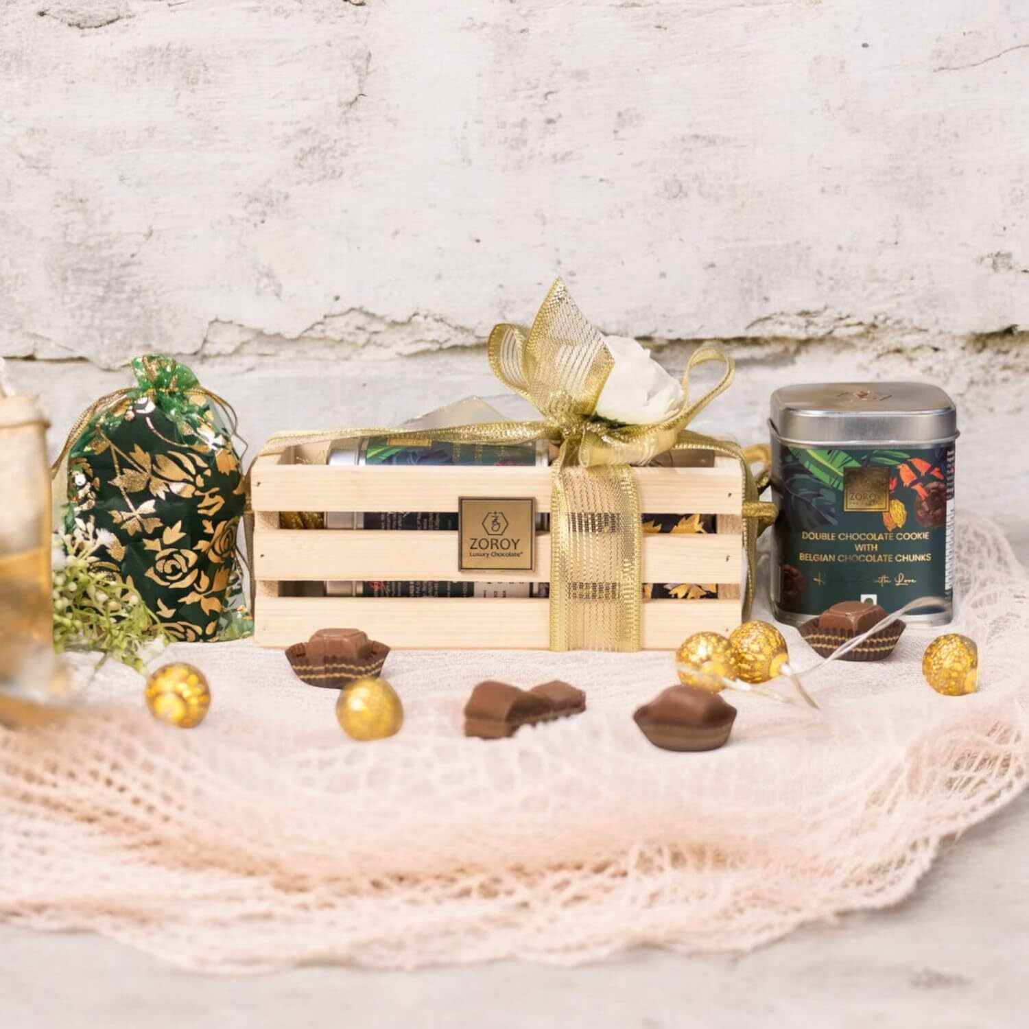 Zoroy Luxury Chocolate Pine Wood Box Gift Combo Hamper | Reusable Box With Handle Contains Cookie & 6 Milk And Dark Chocolate | Corporate Celebration Diwali Rakhi Christmas New Year Online Gifts Set