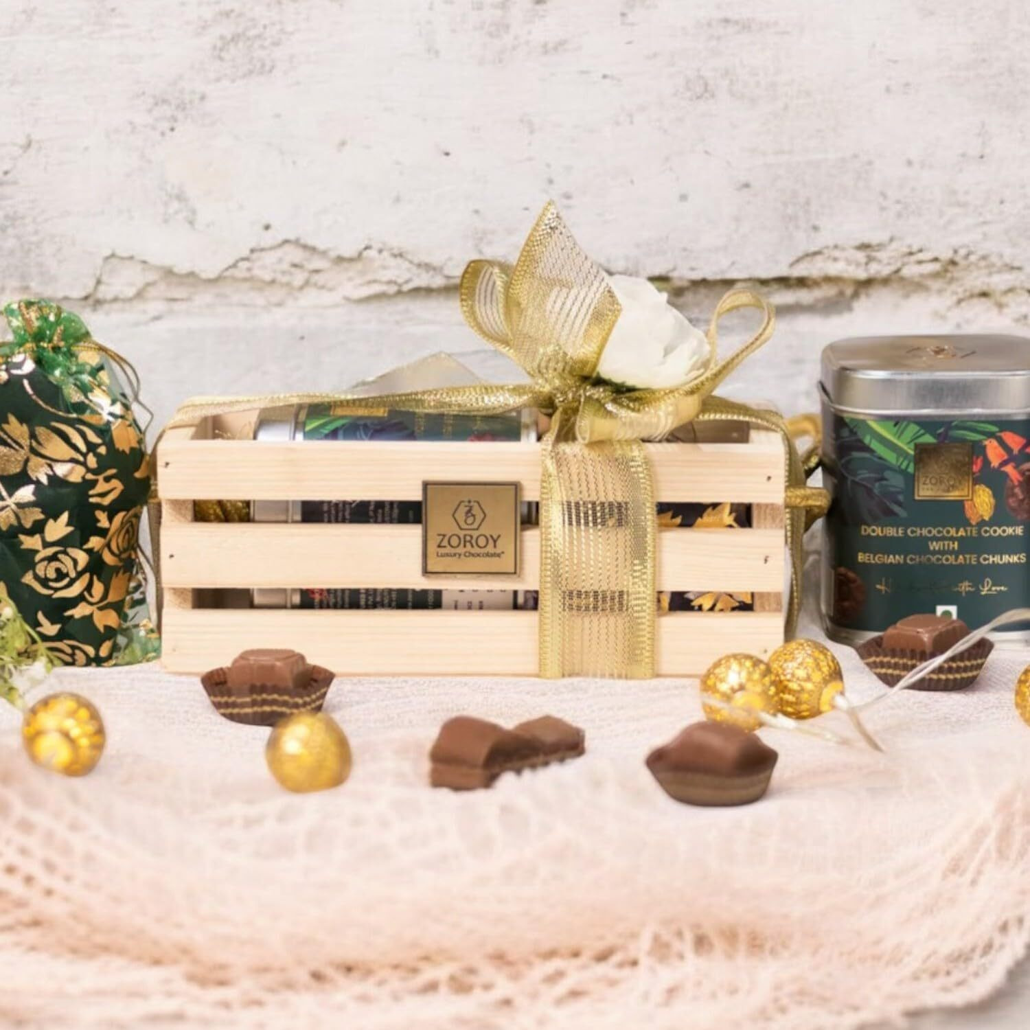 Zoroy Luxury Chocolate Pine Wood Box Gift Combo Hamper | Reusable Box With Handle Contains Cookie & 6 Milk And Dark Chocolate | Corporate Celebration Diwali Rakhi Christmas New Year Online Gifts Set