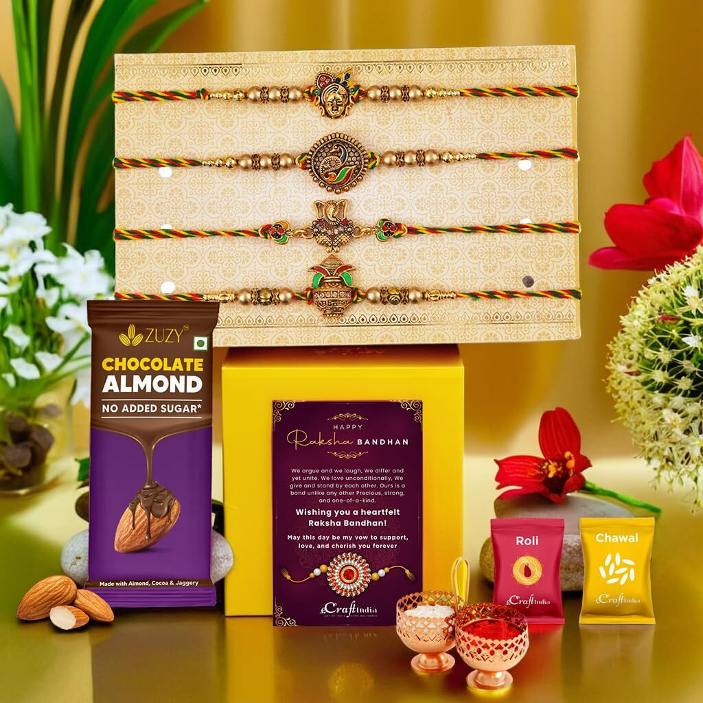 Ecraftindia Set Of 4 Lord Ganesha Peacock Krishna Kalash Designer Rakhis For Brother Bhaiya Bhai Bhabhi Kids | Rakhi With Chocolate Almond | Raksha Bandhan Greeting Card | Roli Chawal Pack