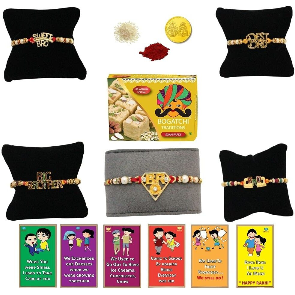 Bogatchi Rakhi With Sweets, Rakhi For Brother With Sweets, Rakhi With Sweets For Brother, Rakhi For Brother With Gift Sweets Soan Papdi,200G + Rakhi - 5 +Roli Chawal+ Rakhi Card +Gold Coin|Rksp-5-30