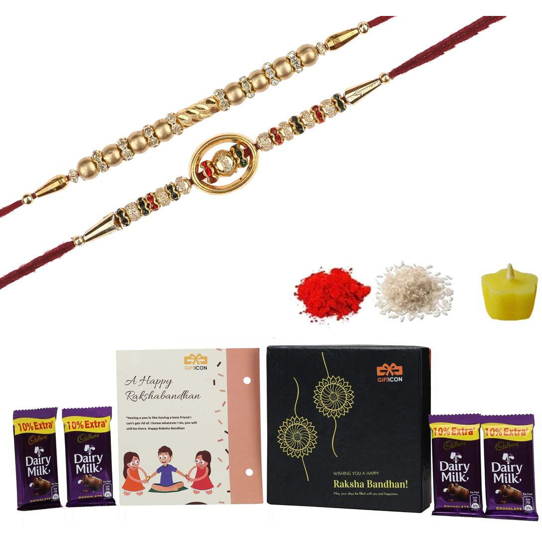 Gifticon Rakhi Set Of 2 With Chocolate For Brother | Set Of 2 Rakhi For Bhaiya With 4 Chocolates | Roli Chawal | Ghee Deepak | Greetings Card