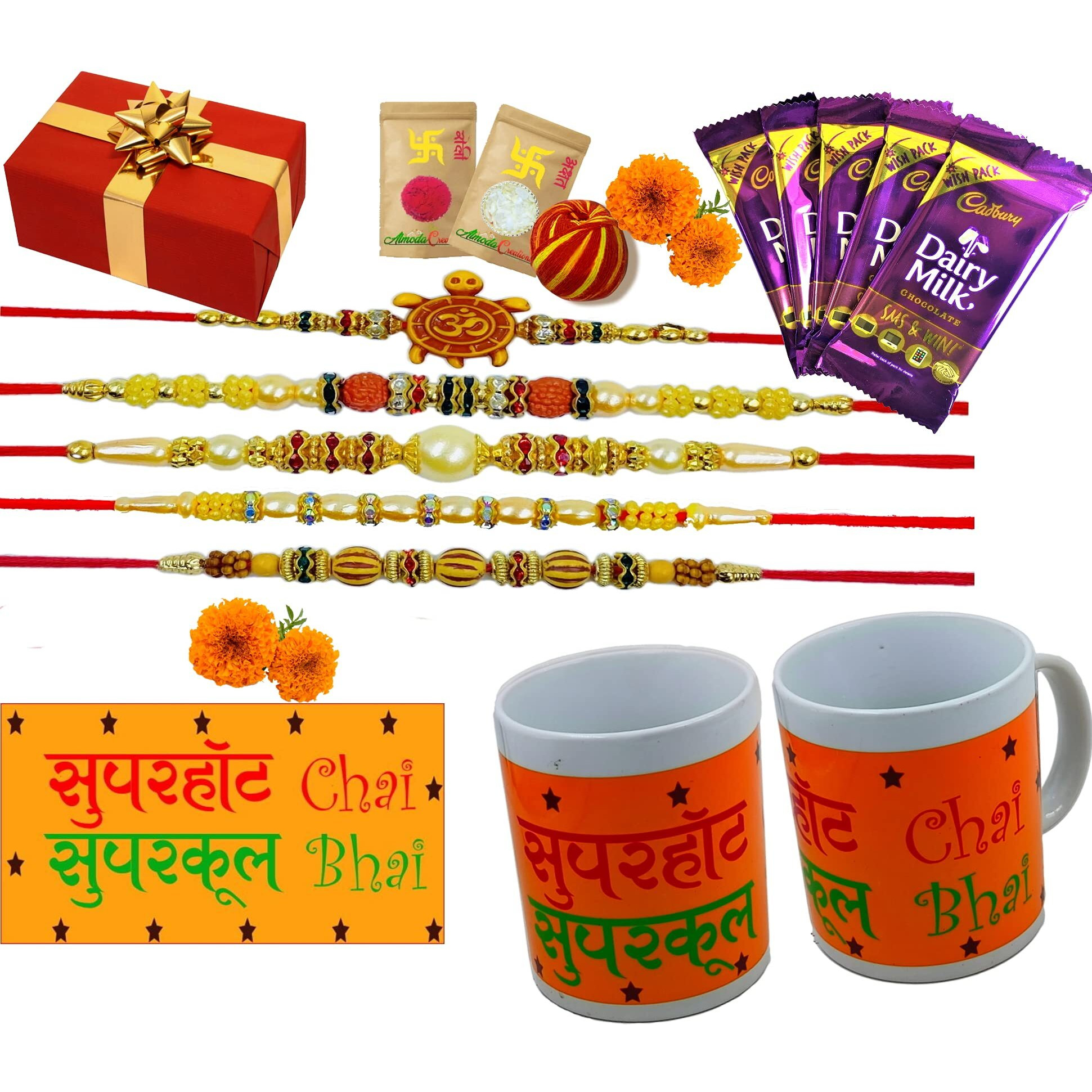 Rakhi For My Brother Sweet Combo For Your Sweet Brother 5 Pcs Rakhi Set With Tika And Akshat With Delicious Cadbury Chocolates 5 Pcs And A Mug Printed