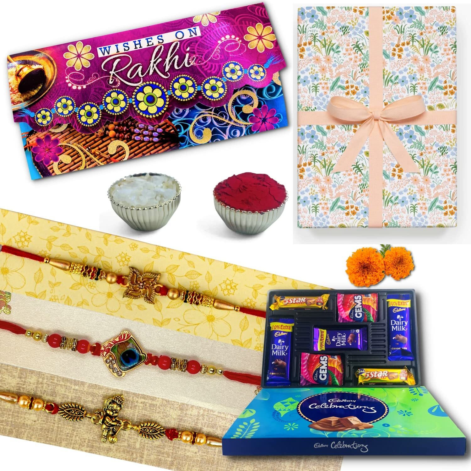 Almoda Creations 3 Panchdhatu Handcrafted Rakhi, Greeting Card, Cadbury Celebrations Festive Chocolate Gift Box, Tilak Pouch & Kalawa Roll, Rakhi Gift Wrapping, Personalized Rakhi Message