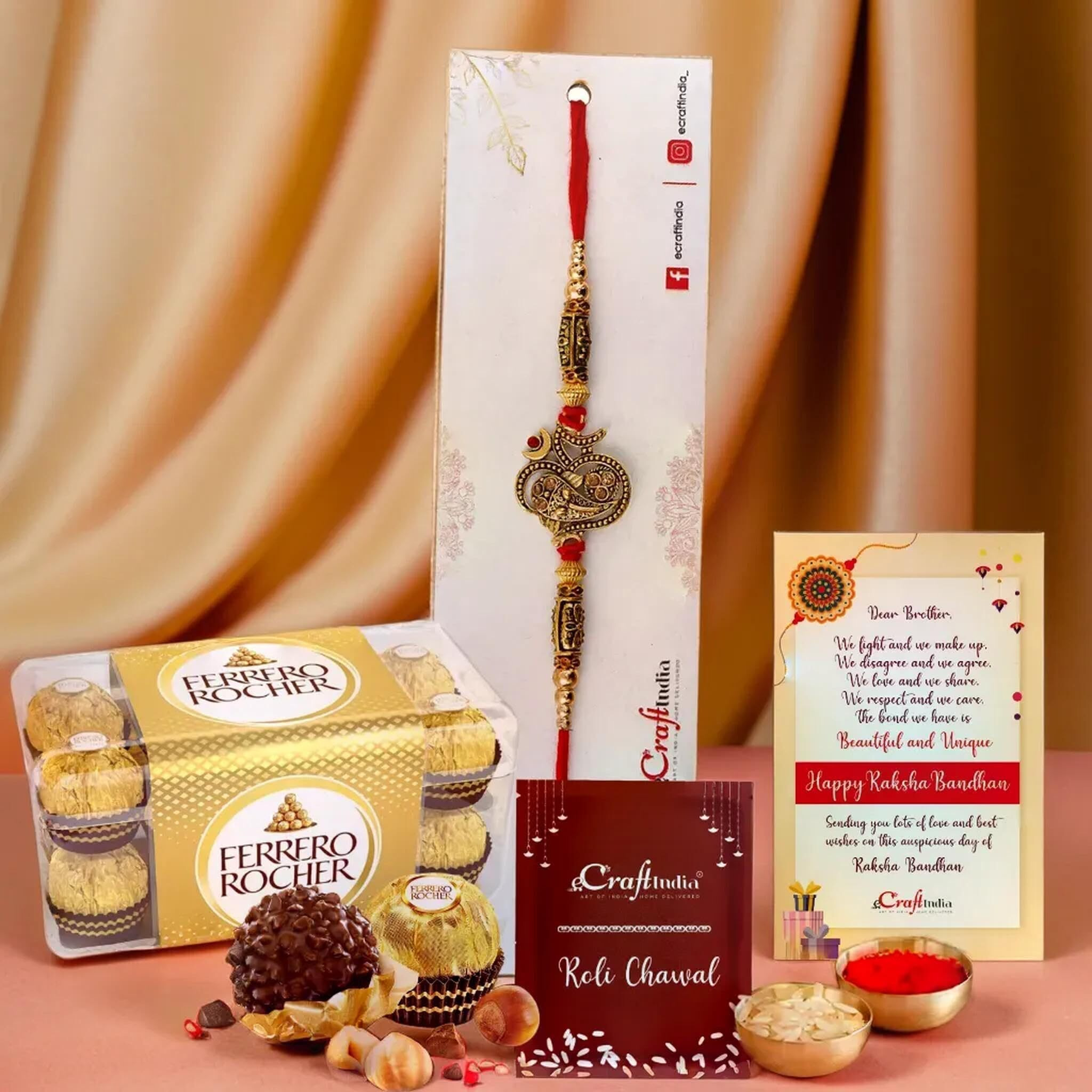 Ecraftindia Golden Lord Ganesha Om Designer Rakhi For Brother With Chocolate Gift, Ferrero Rocher Chocolate 16 Pcs, Rakhi With Chocolate - Roli Chawal Pack, Raksha Bandhan Greeting Card