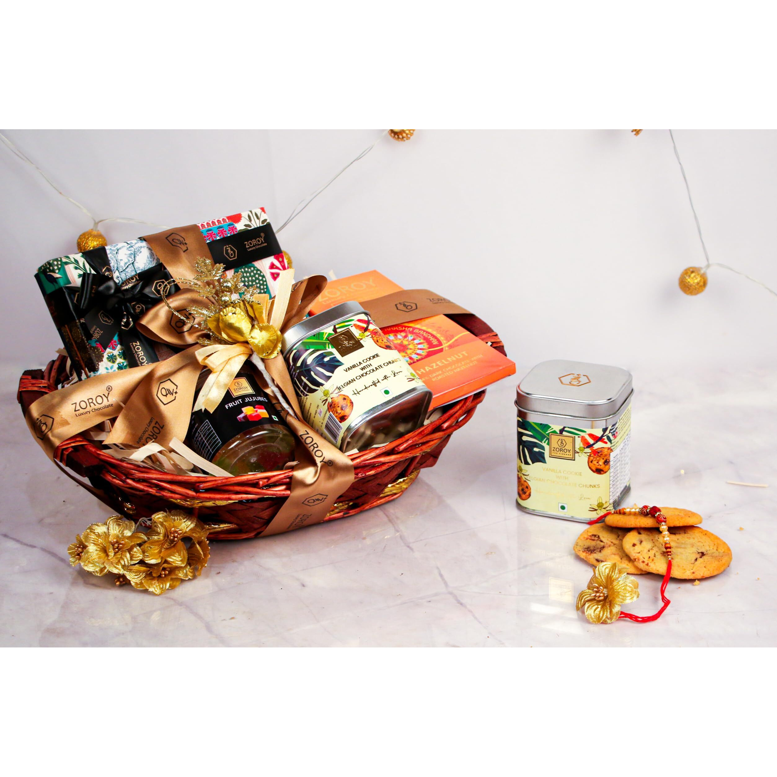 Zoroy Luxury Chocolate Rakshabandhan Reusable Oval Gift Basket Of Assorted Milk & Dark Chocolates Cookies With Free Rakhi For Brother-Sister Bhabhi Bhaiya - 550G