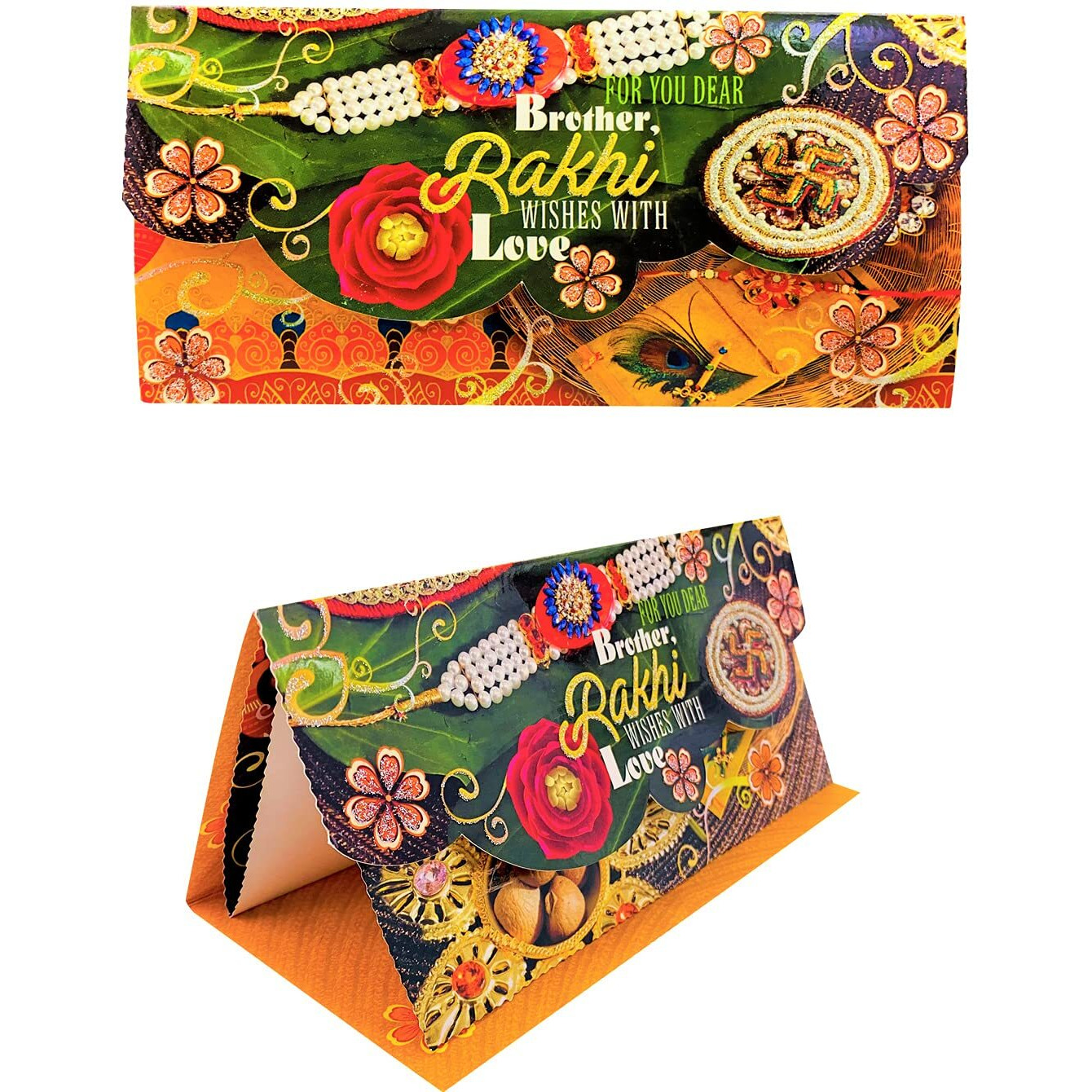 Almoda Creations Rakhi Combo Gift (2 Rakhi, Rakhi Greeting Card, Cadbury Celebrations Festive Chocolate Gift Box, Tilak Pouch & Kalawa Roll, Rakhi Gift Wrapping, Custom Rakhi Message)