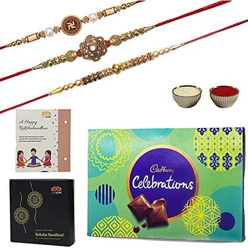Gifticon Rakhi For Brother With Premium Chocolates Rakshabandhan Hamper With 3 Rakhis 1 Celebrations 100 Pack Roli Chawal Rakhi Card Hamper
