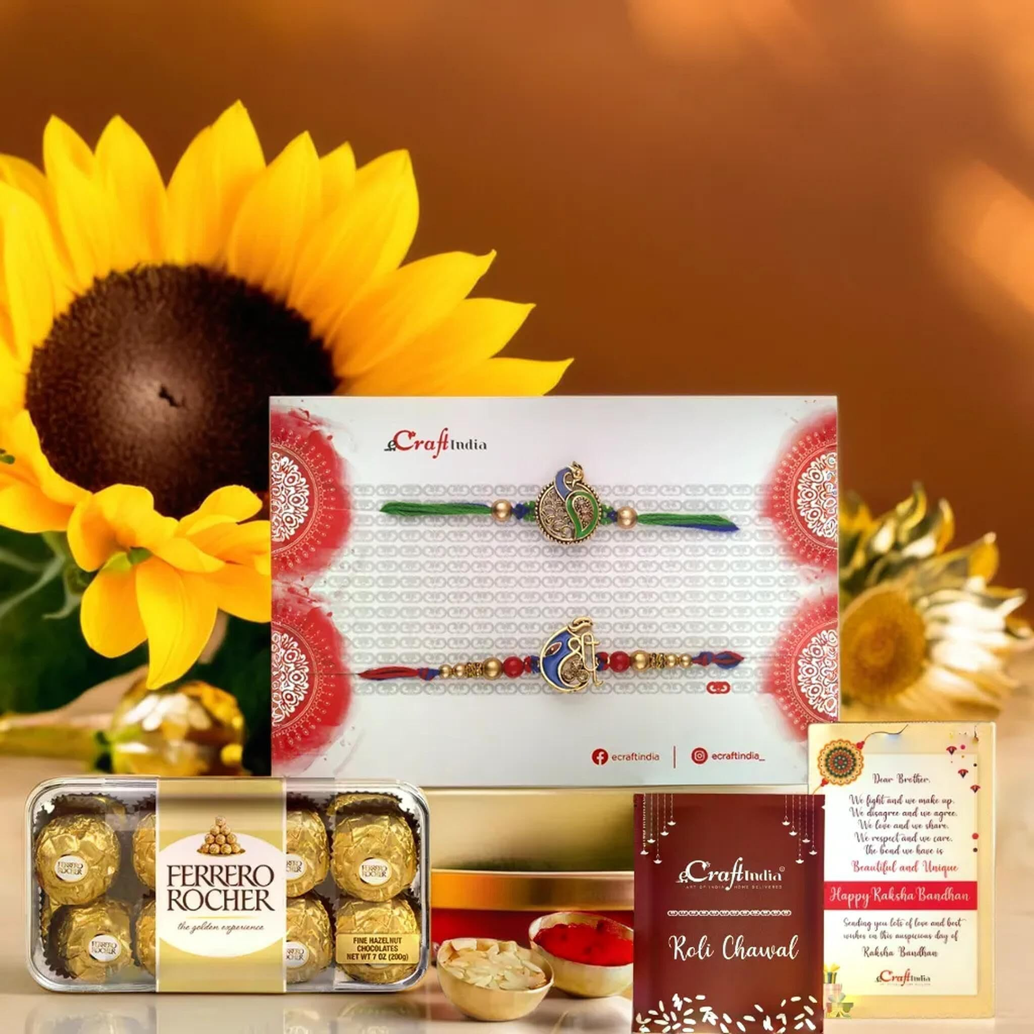 Ecraftindia Set Of 2 Multicolor Om And Peacock Designer Rakhis For Brothers With Chocolate, Ferrero Rocher Chocolate 16 Pcs, Rakhi With Chocolate Gift - Roli Chawal Pack, Raksha Bandhan Greeting Card