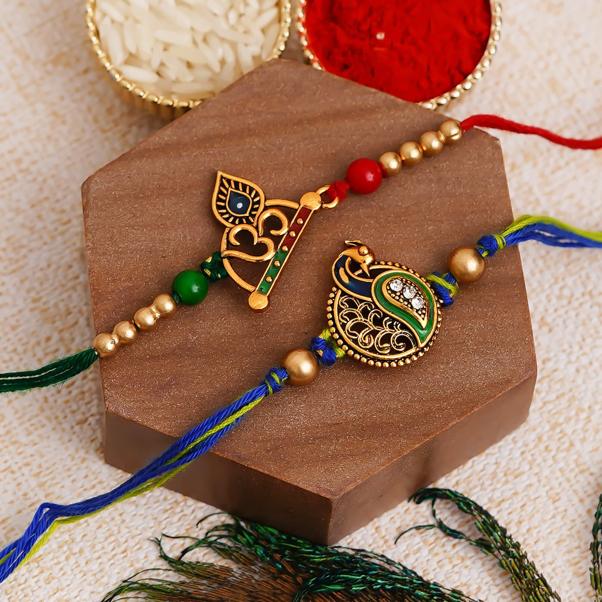 Ecraftindia Set Of 2 Multicolor Om And Peacock Designer Rakhis For Brothers With Chocolate, Ferrero Rocher Chocolate 16 Pcs, Rakhi With Chocolate Gift - Roli Chawal Pack, Raksha Bandhan Greeting Card