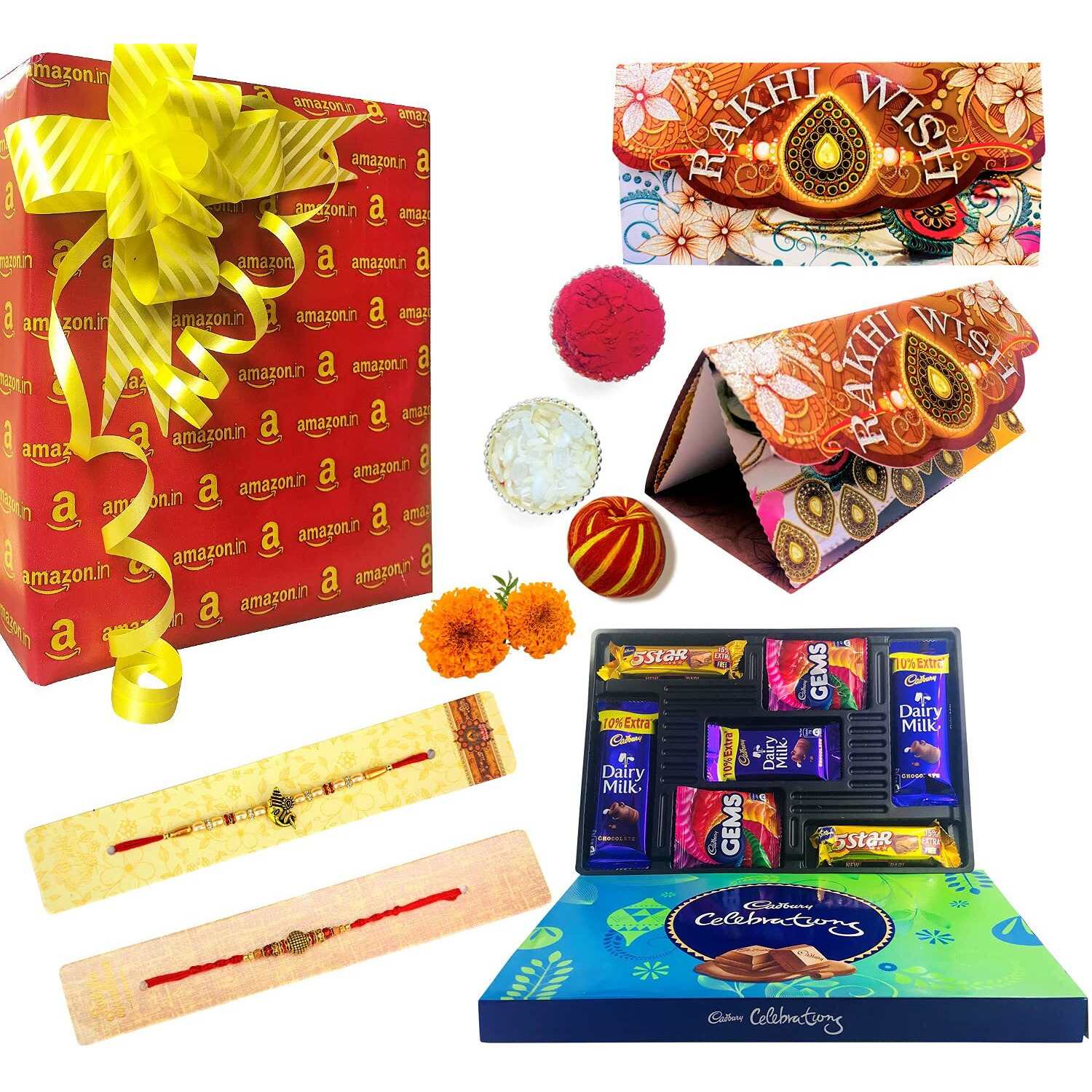 Almoda Creations Rakhi For Brother Chocolate, 2 Rakhi, Greeting Card, Cadbury Celebrations Festive Chocolate Gift Box, Tilak Pouch & Kalawa Roll, Rakhi Gift Pack, Custom Rakhi Message