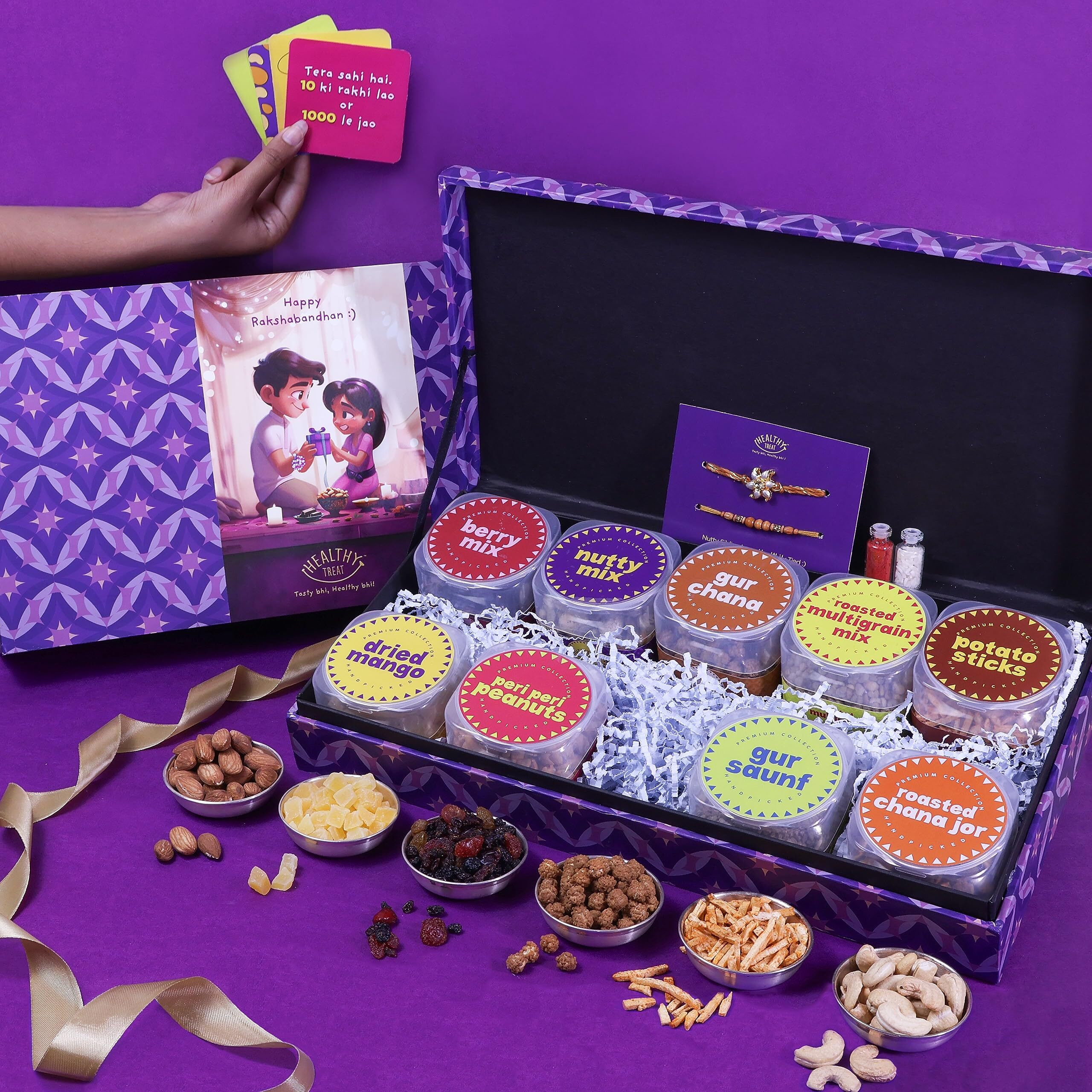 Healthy Treat Munch N Crunch Rakhi Gift Hamper With Rakhi | Roasted Healthy Snacks Gift Pack | A Pair Of Rakhii, Roli Chawal, Stickers | Rakhi's Gift For Brother And Sister | The Ultimate Assorted Raksha Bandhan Gift Hamper