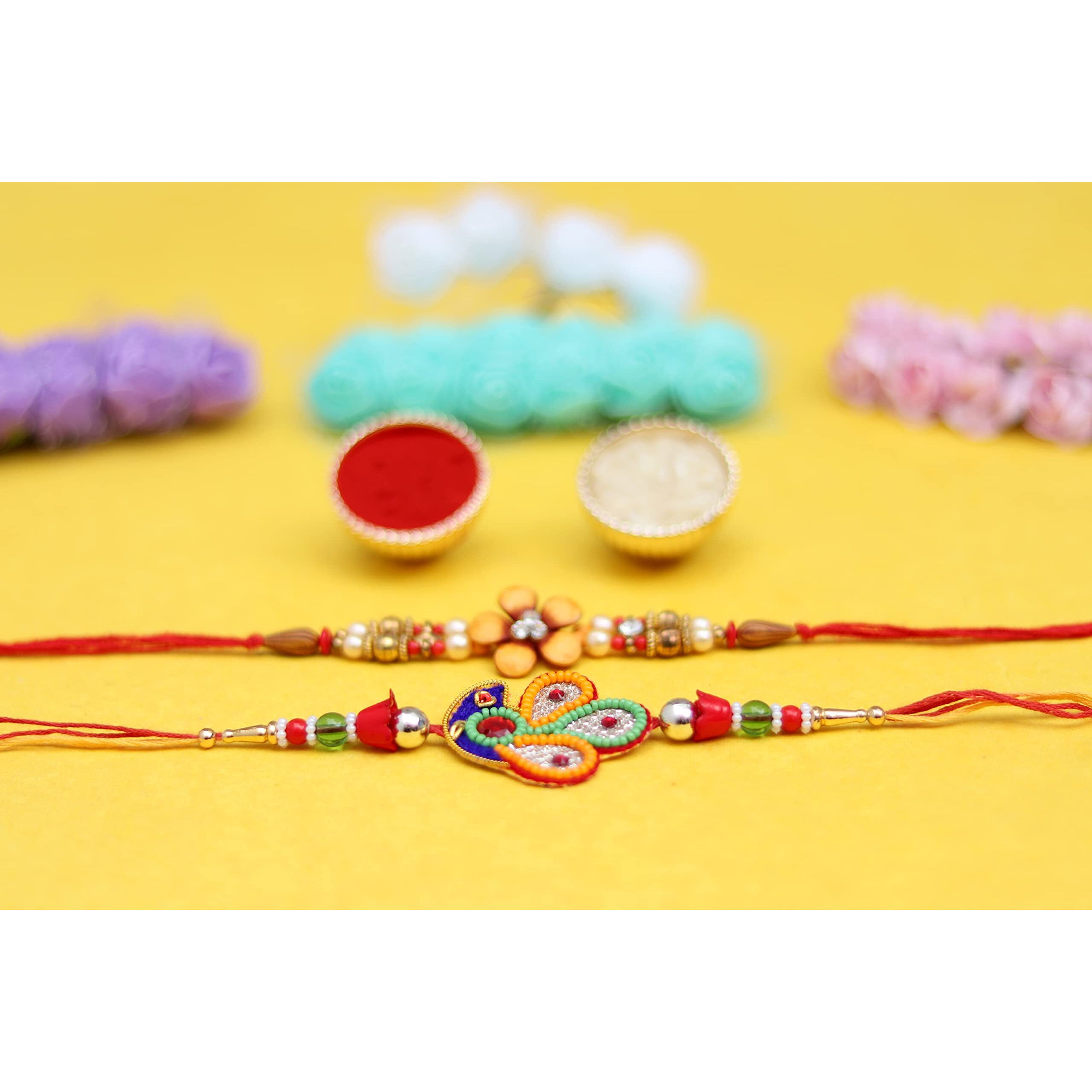 Art Ink Rakhi For Brother/Bhai With 2 Dairy Milk Chocolate | Rakshabandhan Greeting Card | And Roli Chawal Bowls - Multicolor